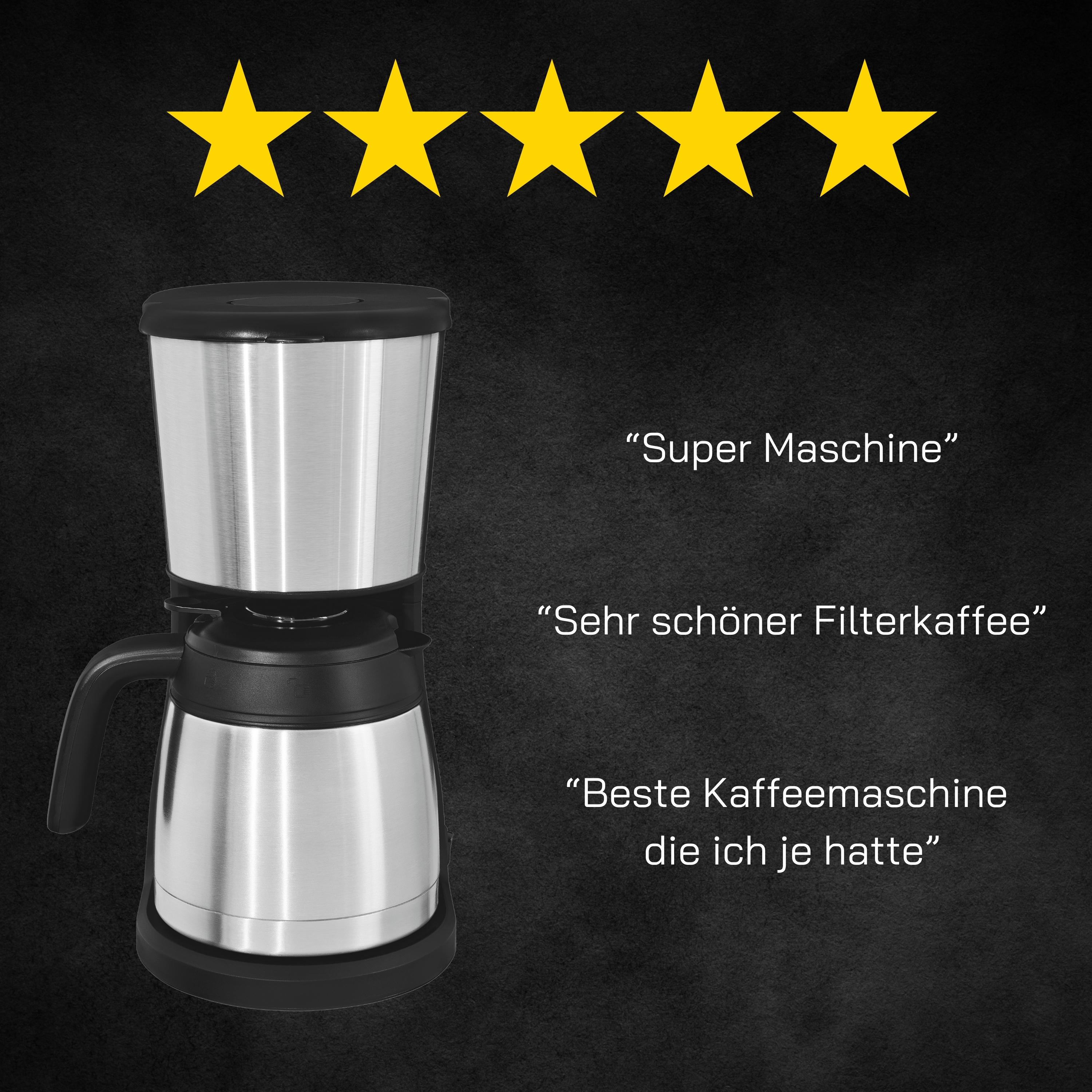 Kaffeemaschine mit silbernem und schwarzem Design, mit Bewertungen und Sternebewertung.