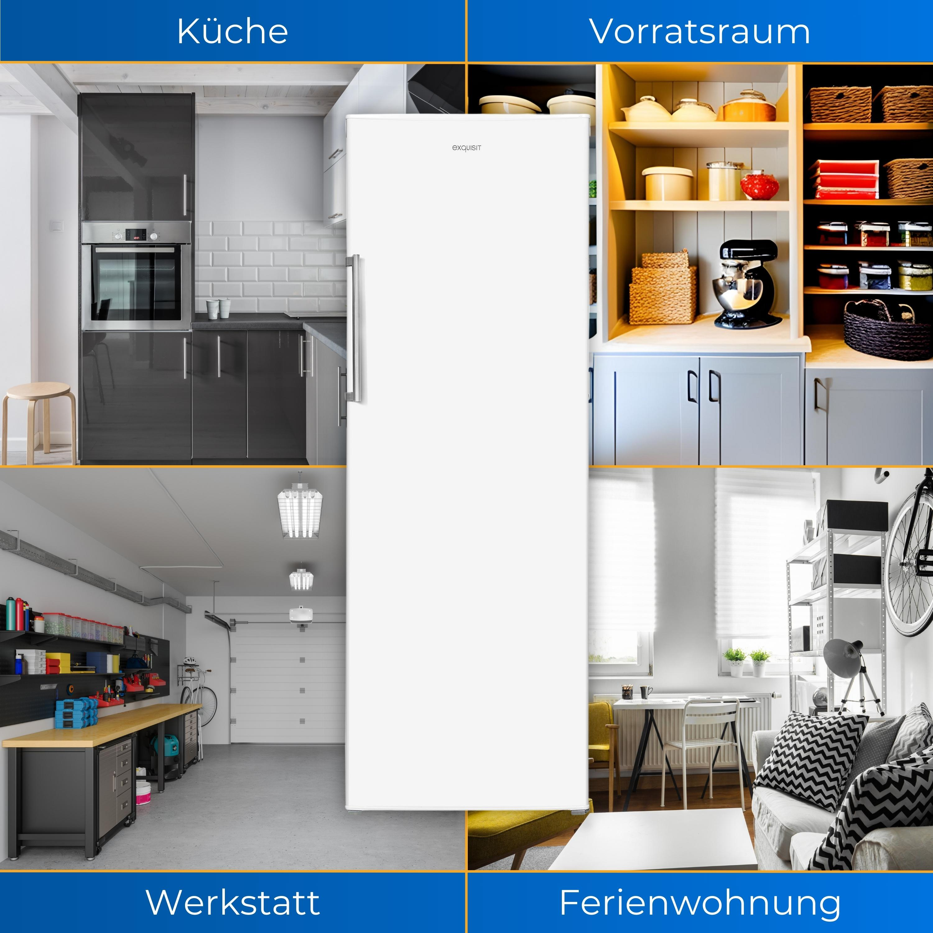 Ein großer, weißer Kühlschrank ist zentriert, mit vier verschiedenen Raumszenen darum herum.