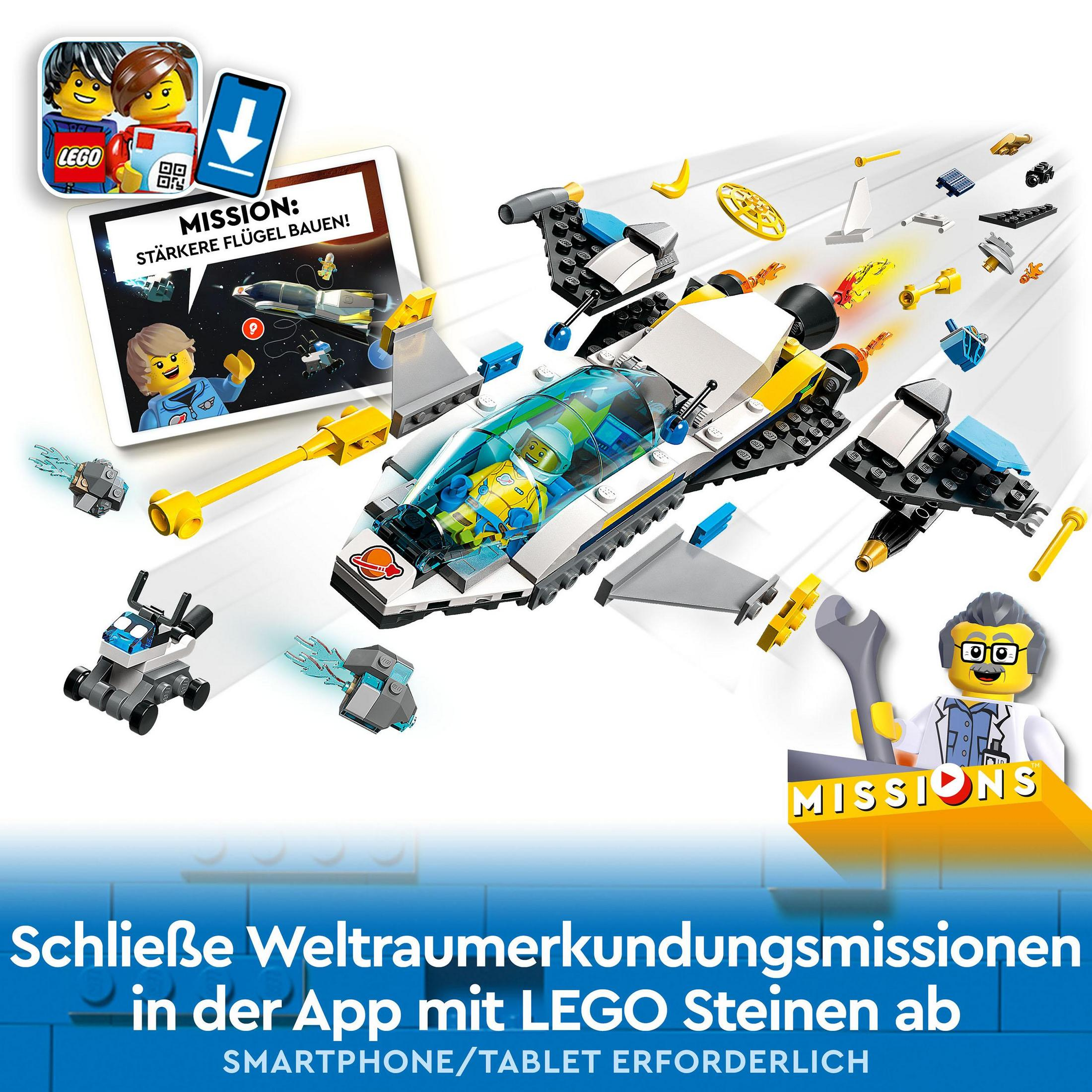 Lego-Set mit Raumschiff, Figuren und Tablet mit Anweisungen.