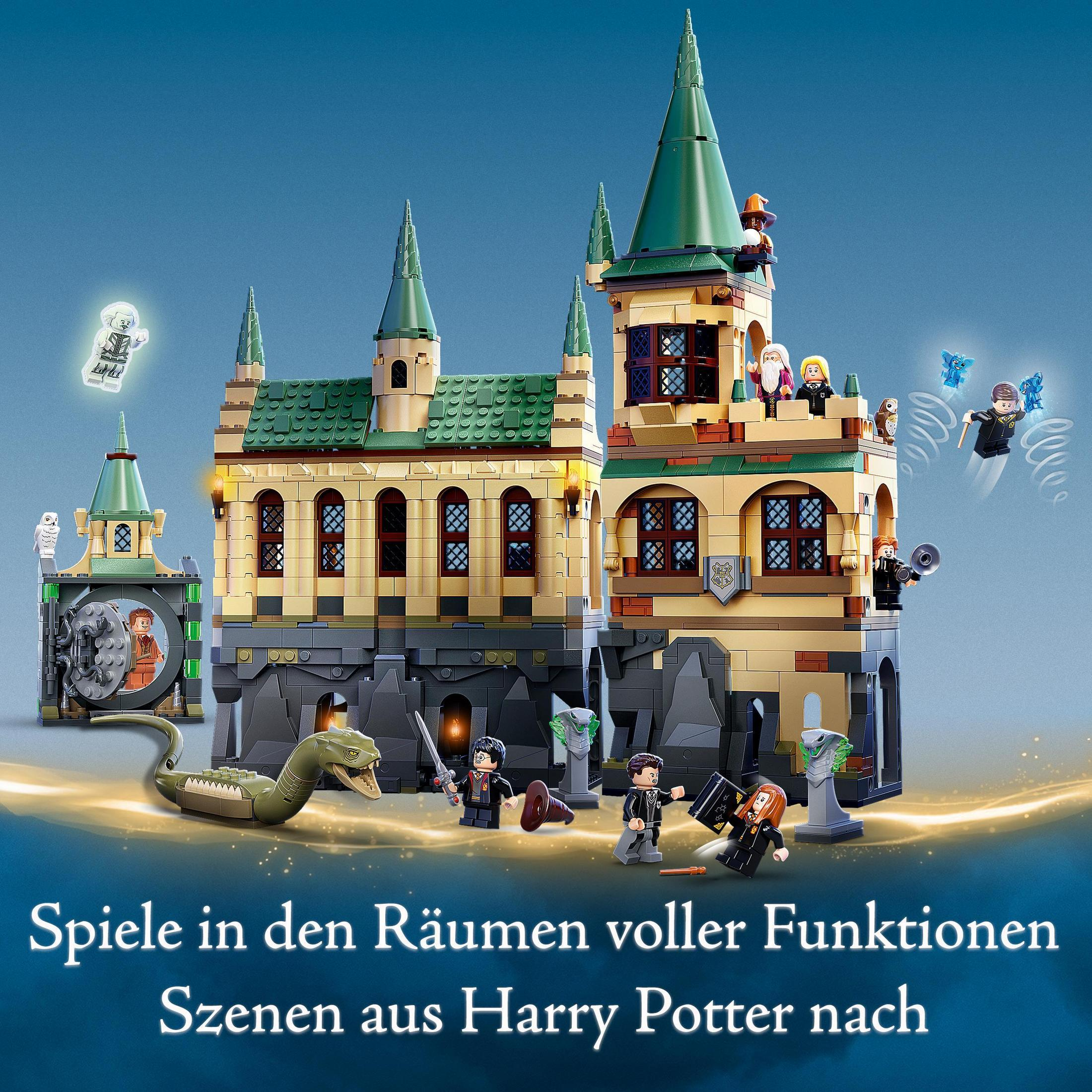 Set Lego del Castello di Hogwarts con personaggi. La scena mostra vari personaggi, fantasmi e un basilisco.