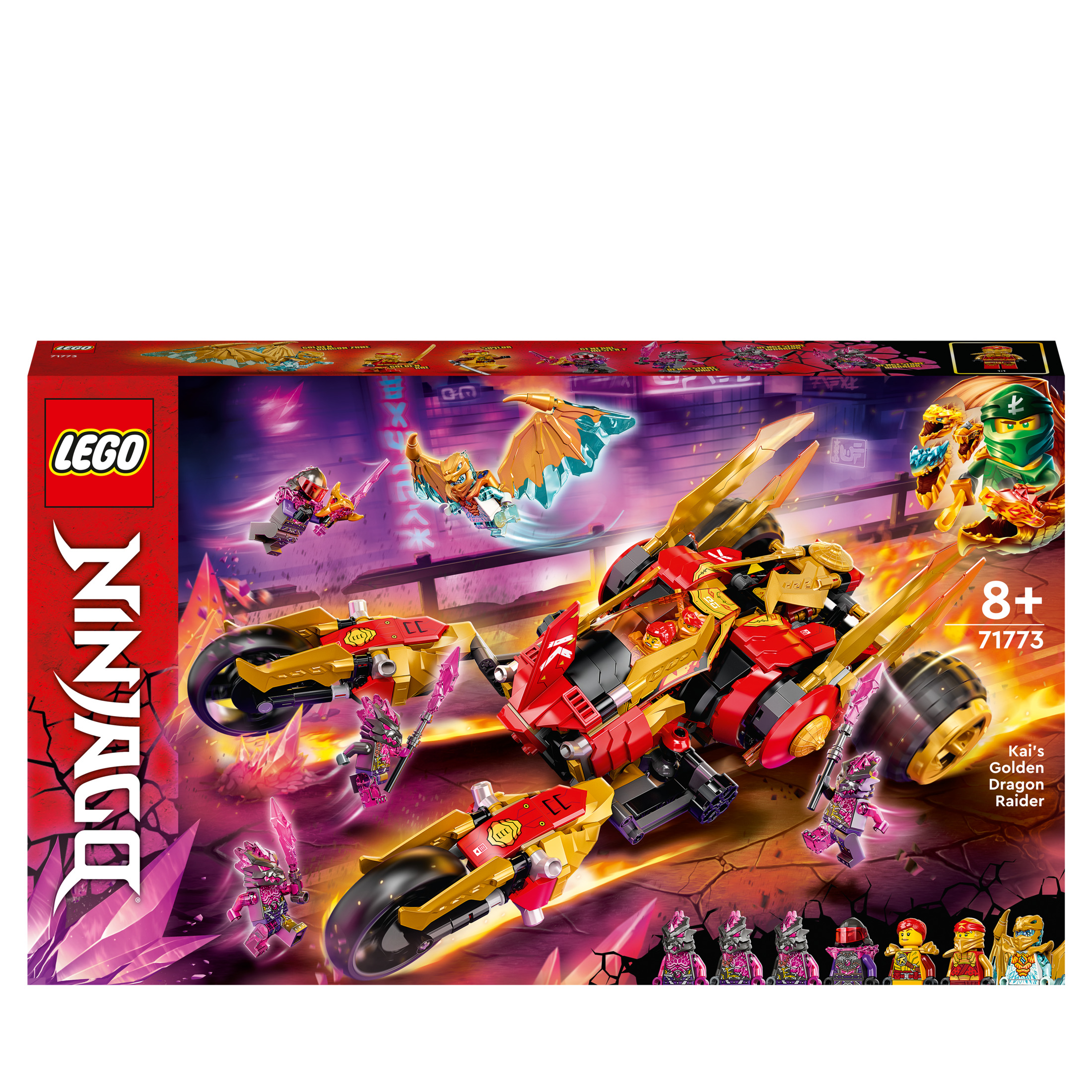 Boîte du set Lego Ninjago. Elle montre une voiture dragon rouge et or et des ninjas.