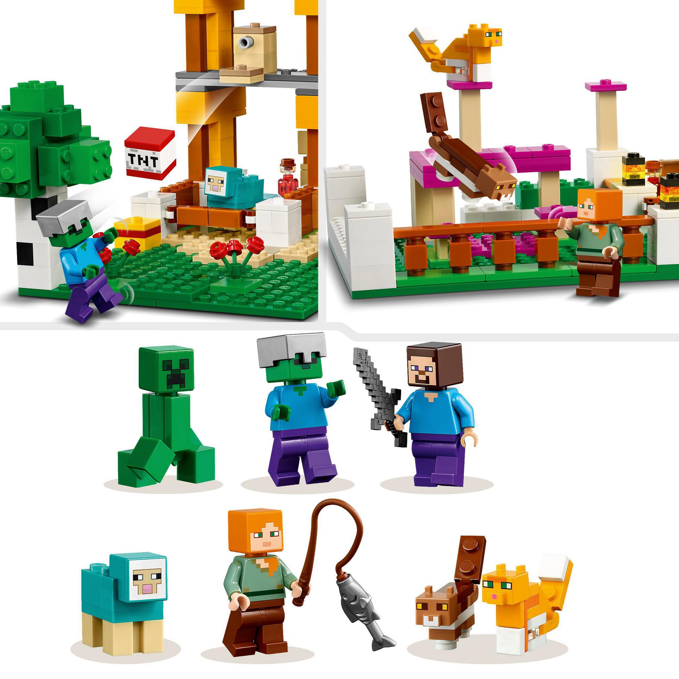 Minecraft LEGO Sets in einer Szene. Enthält Figuren wie Steve, Creeper und Alex. Verschiedene Gebäude und Zubehör.