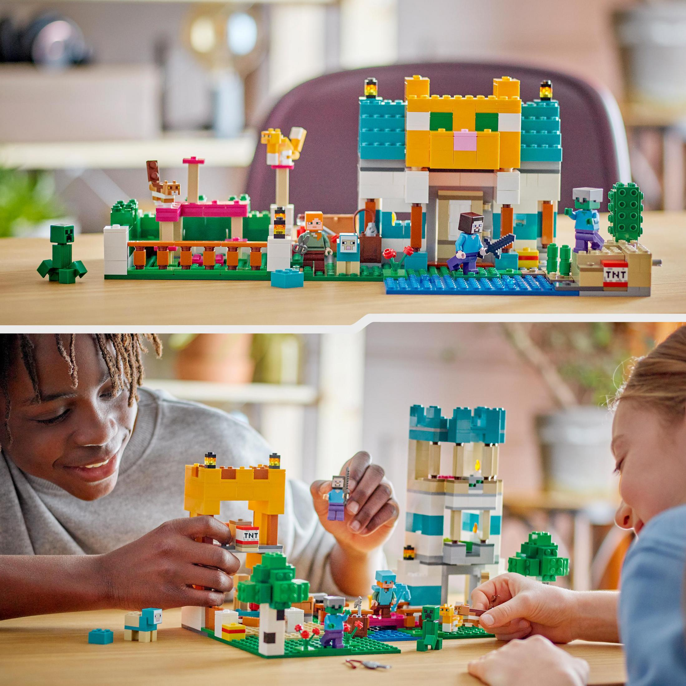 Zwei Bilder eines Minecraft LEGO-Sets, das von einem Kind und zwei Kindern gebaut wird.