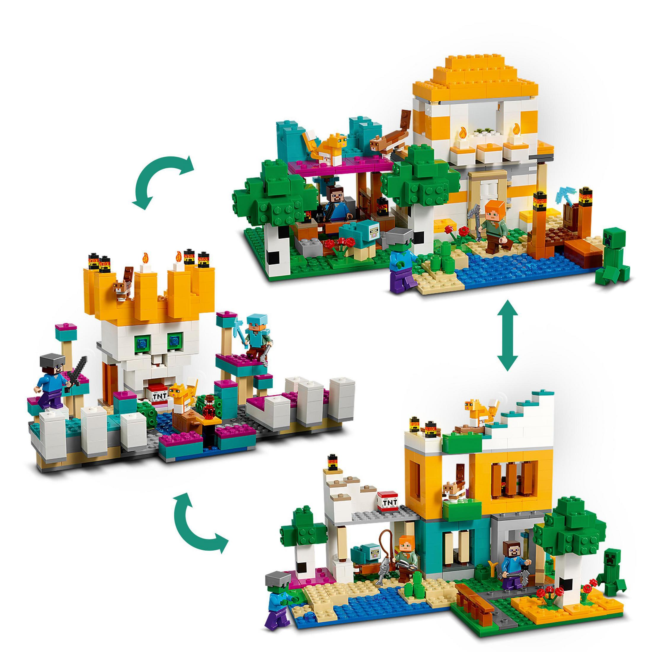 LEGO-Set mit drei Szenen: einer Burg, einem Dorf und einem Haus, jeweils mit Figuren und Details.