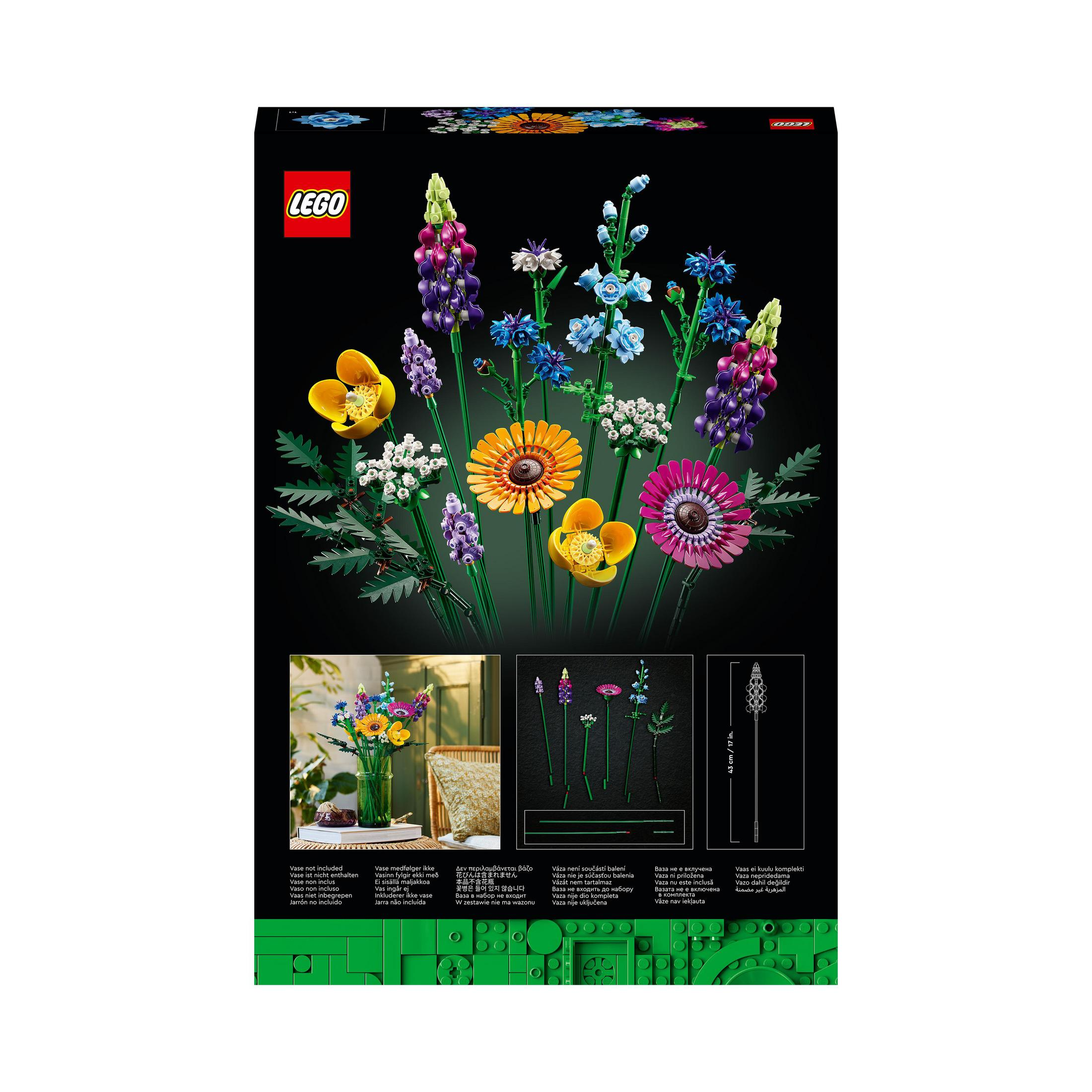 LEGO bloemenset doos toont diverse kleurrijke bloemmodellen, met een zwarte achtergrond en LEGO logo.