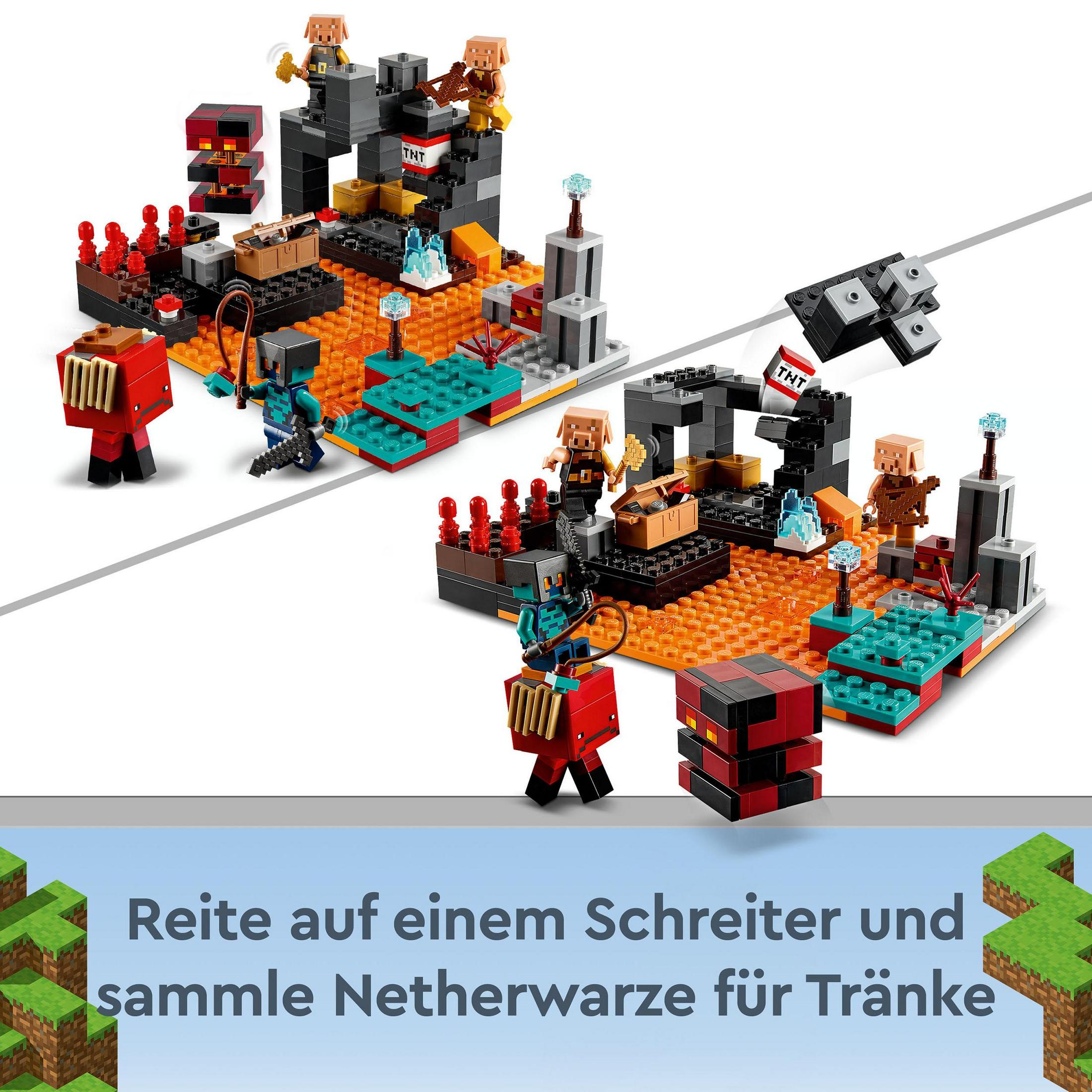 LEGO Minecraft-Set mit zwei Bauten. Eines mit Lava und das andere mit einem Bergbaugebiet.