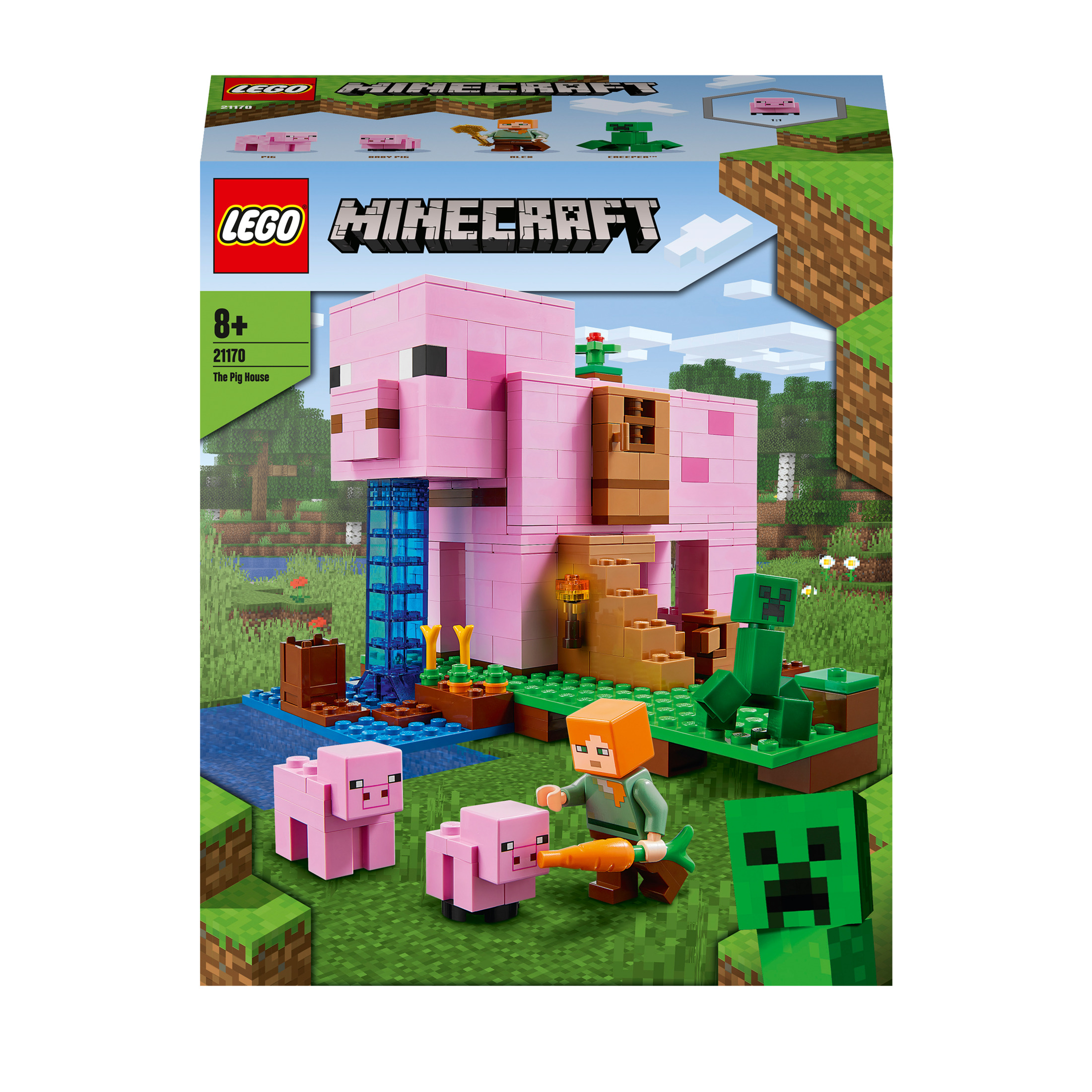 Scatola del set Lego Minecraft. Casa rosa dei maiali con personaggi di Steve, un Creeper e maiali.