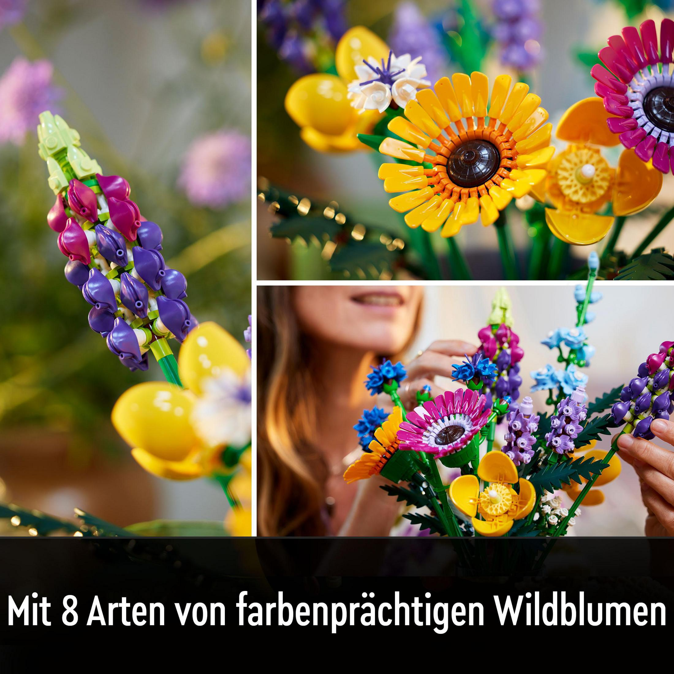 Een levendig boeket kleurrijke Lego-bloemen in een vaas.