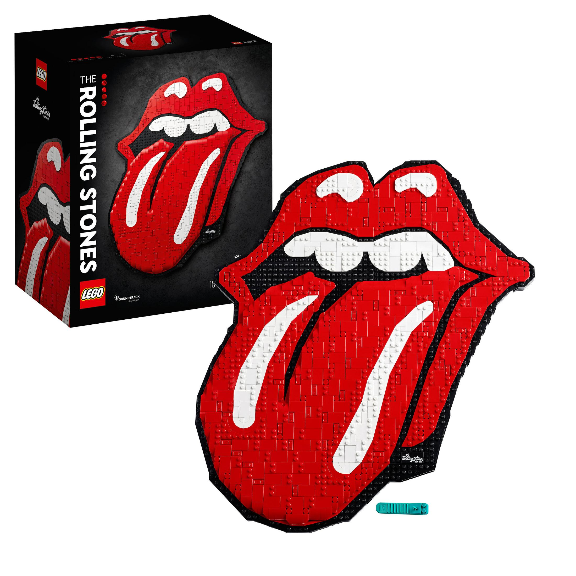 Zestaw Lego z kultowym logo języka The Rolling Stones. Zestaw zawiera słynny czerwony język i czarne pudełko.