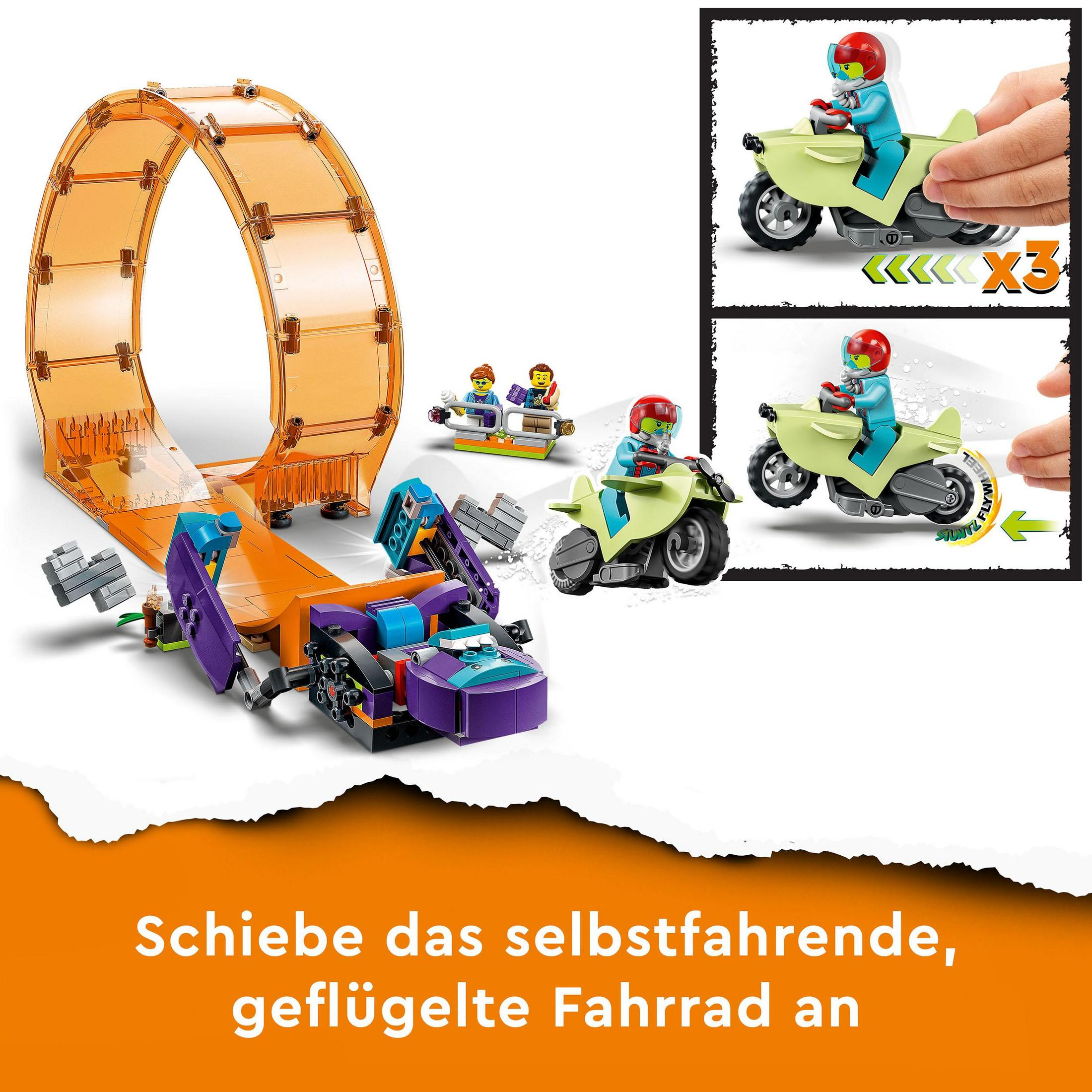 Lego-speelgoedset met oranje lus en motorfiguren.
