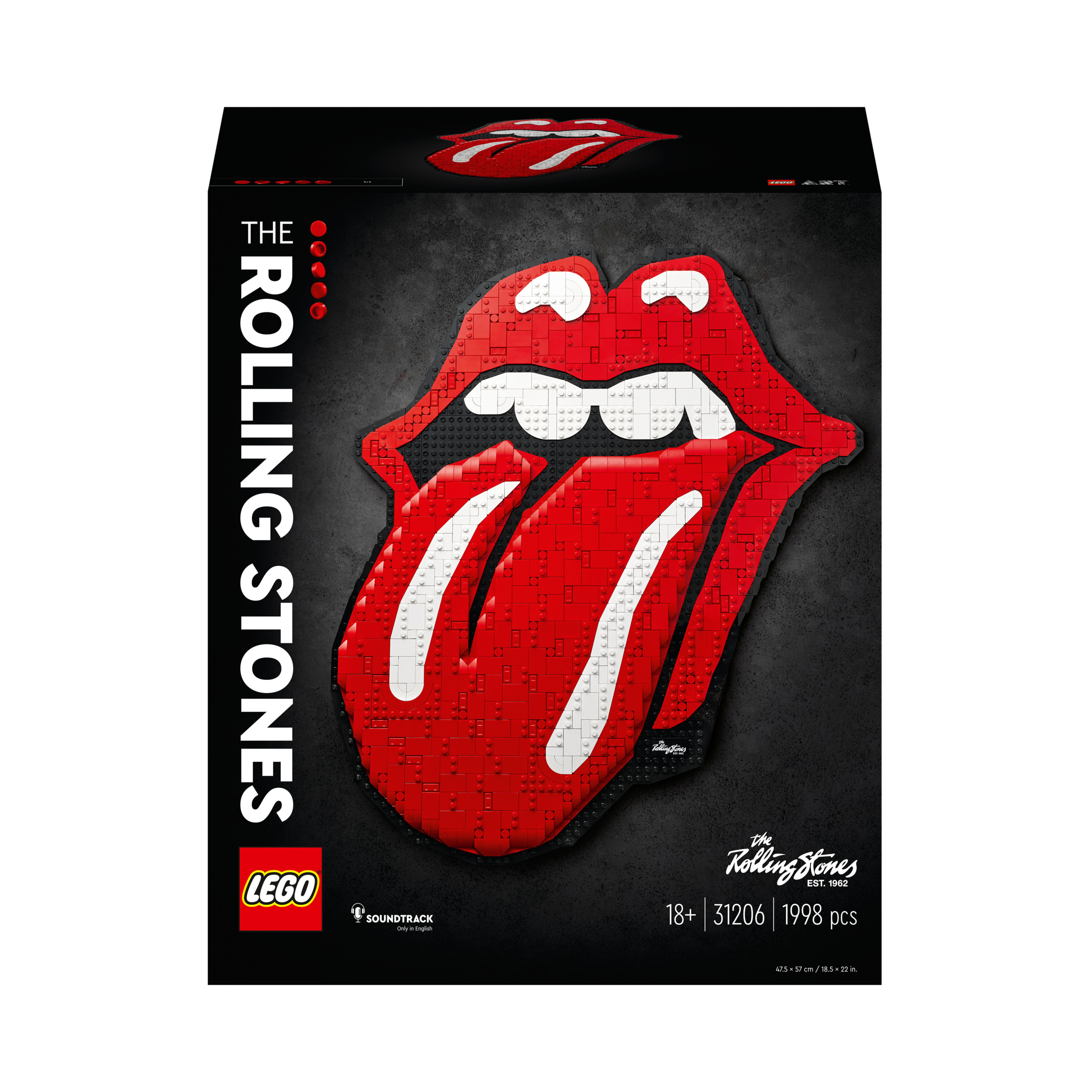 Pudełko zestawu LEGO, The Rolling Stones, z czerwonym logo języka i tekstem.