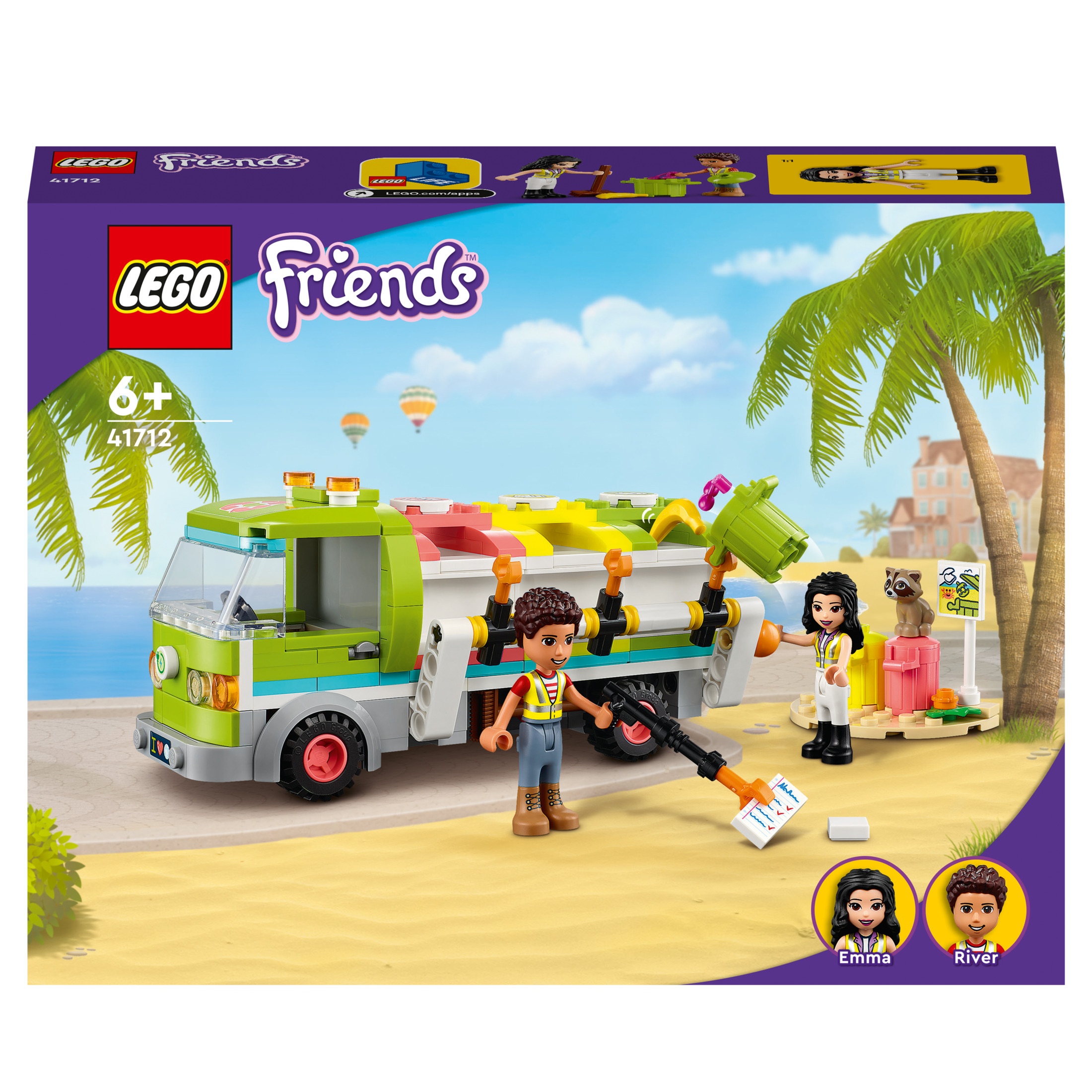 Ein Lego Friends Set mit Müllwagen und zwei Minifiguren am Strand.