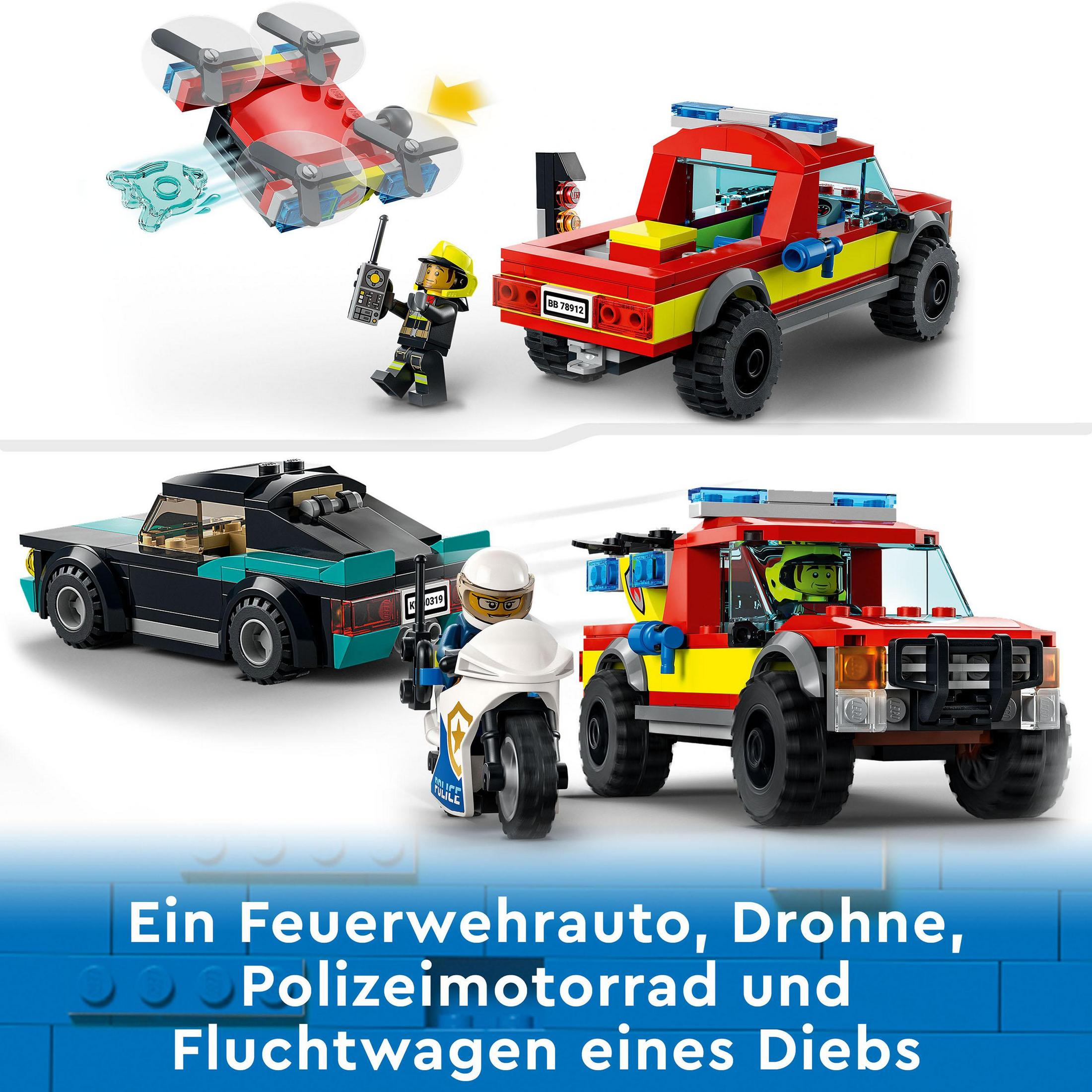 Coches de juguete: camión de bomberos, dron, moto de policía y coche de fuga.