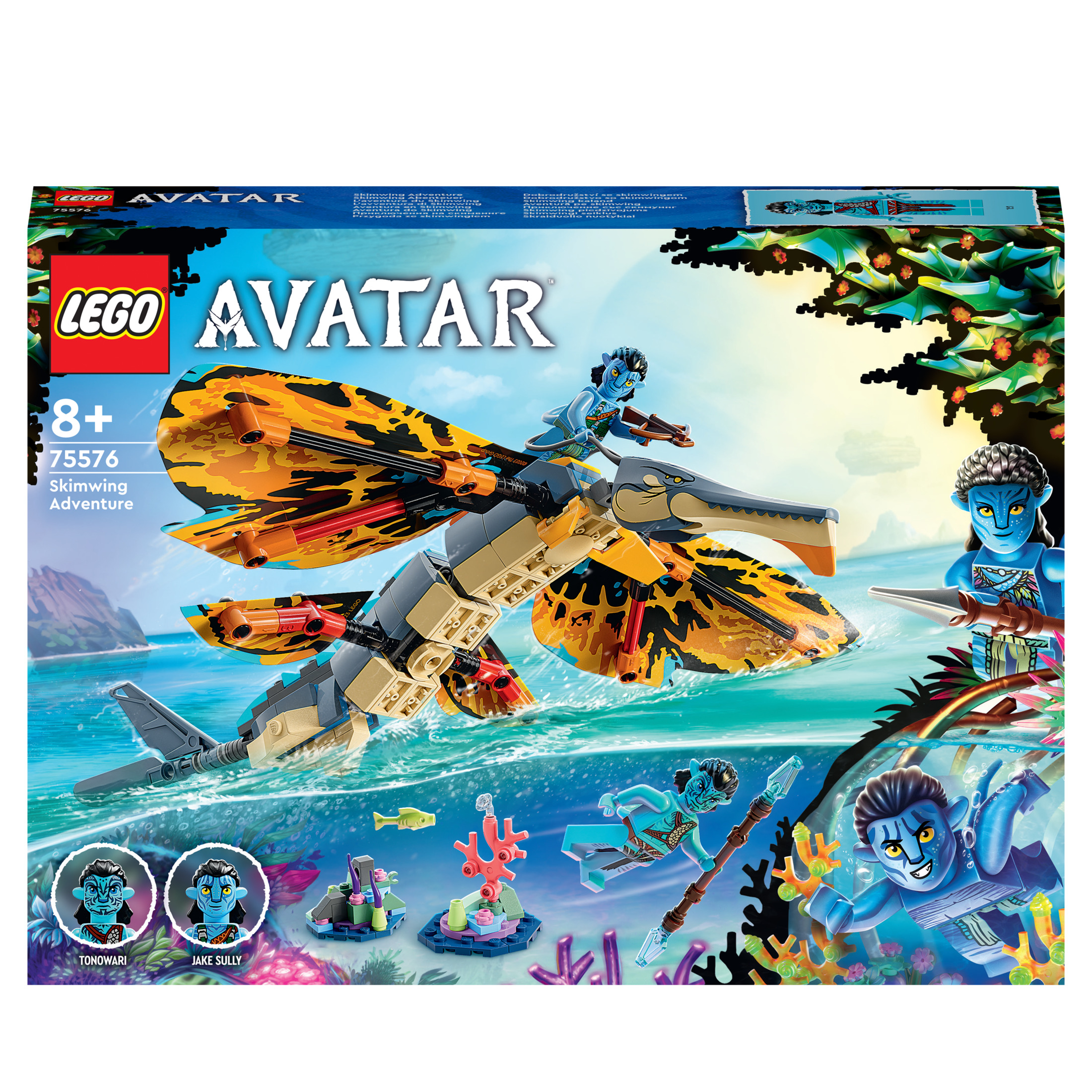 Una scatola del set Lego Avatar, con personaggi e un modello Skimwing sopra l'acqua.