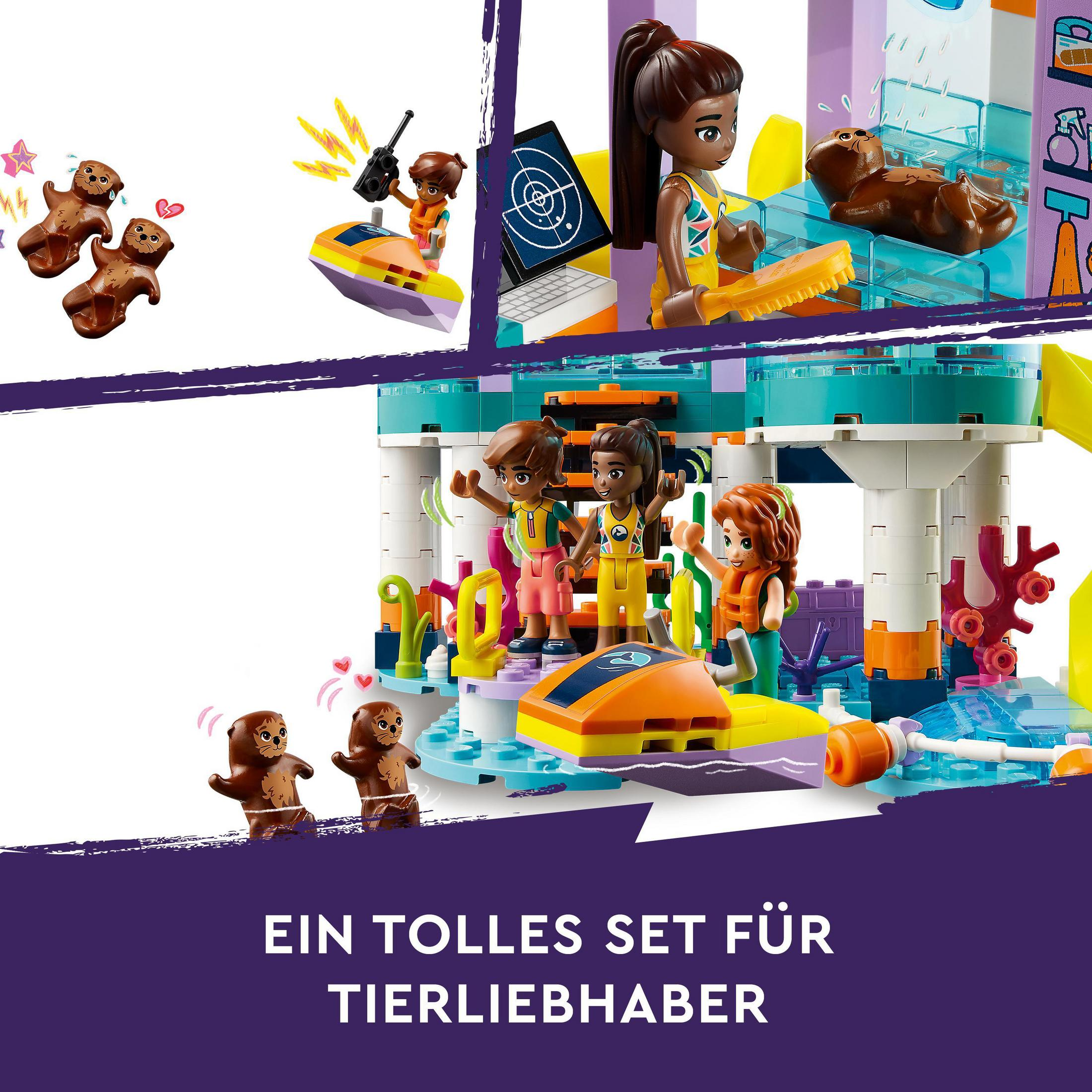 Ein Lego-Set mit Mini-Figuren und Tieren in einer Meeresumgebung, Text: 'EIN TOLLES SET FÜR TIERLIEBHABER'.