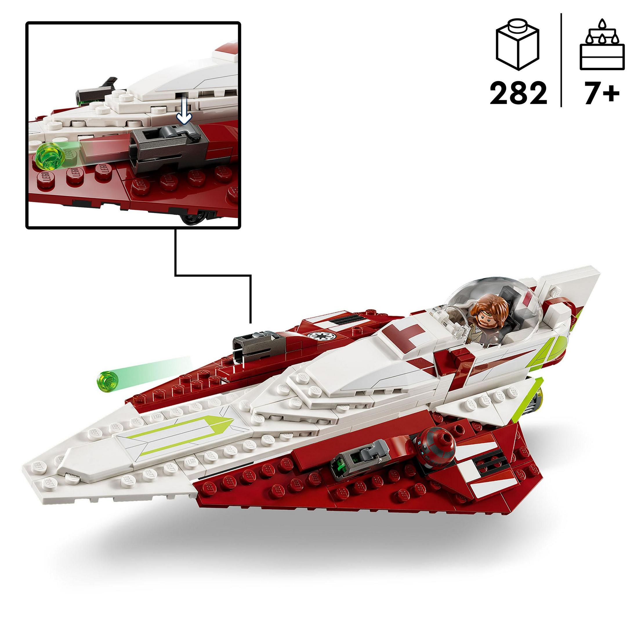 Model LEGO Star Wars czerwono-białego myśliwca z minifigurką w kokpicie. 282 elementy, wiek 7+.