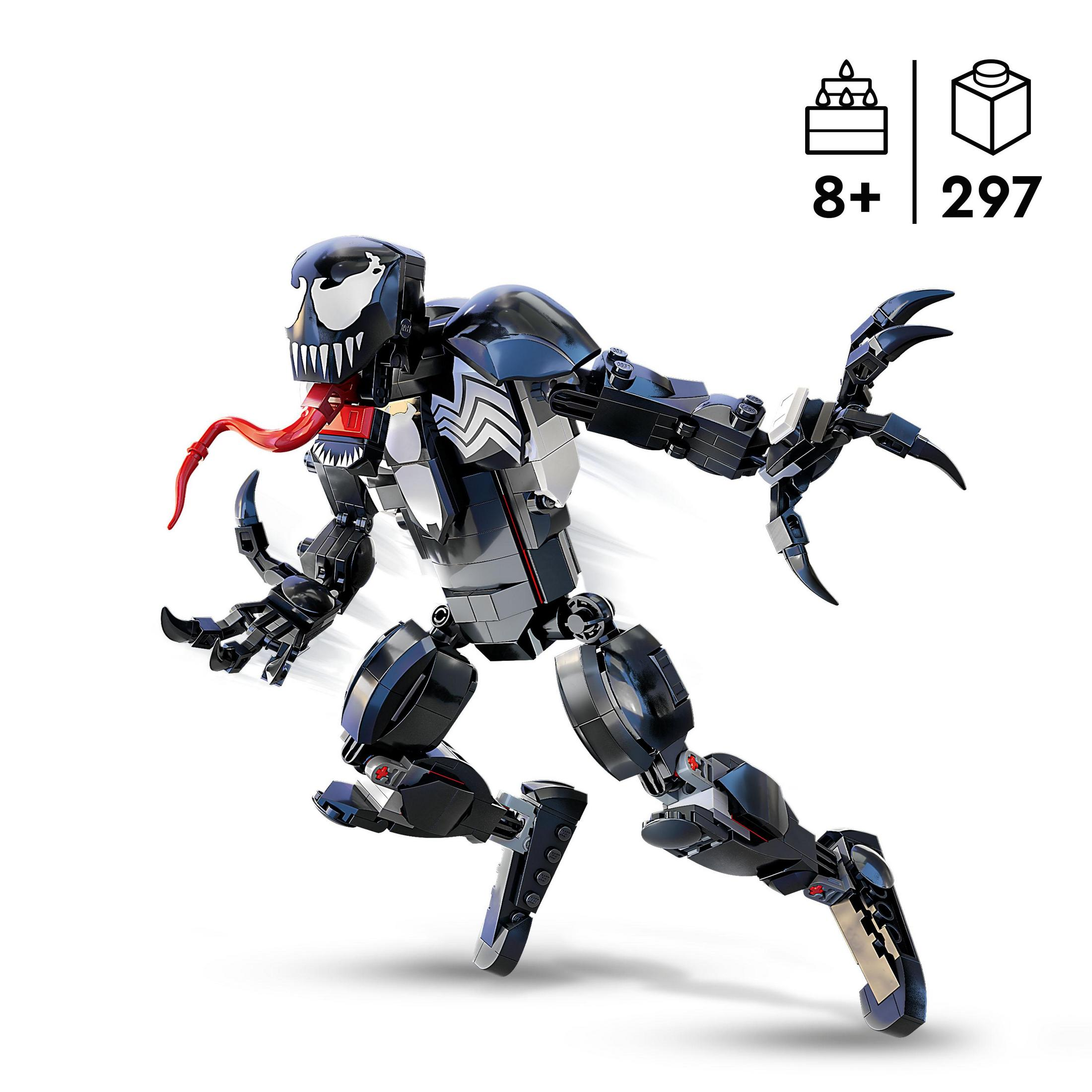 Kırmızı dili ve pençe elleri olan bir Lego Venom figürü. Figür beyaz bir arka plan üzerinde.