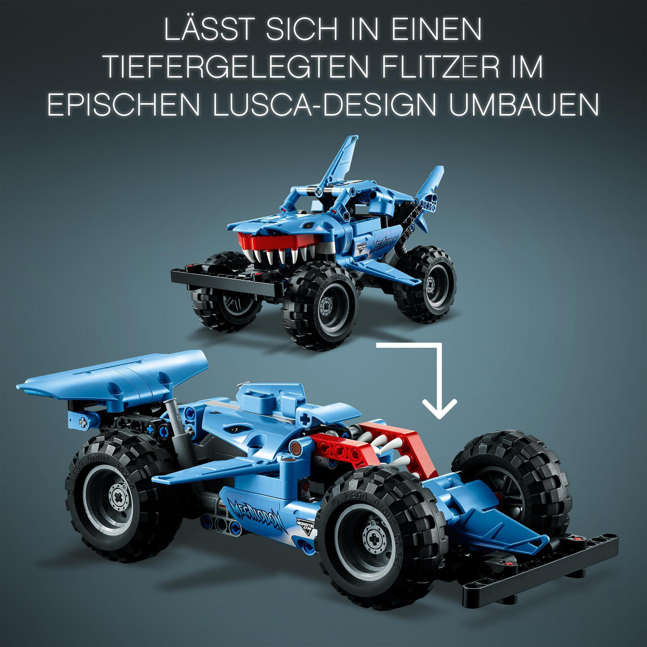 Zwei blaue Lego-Autos. Eines verwandelt sich in das andere. Text über den Autos.
