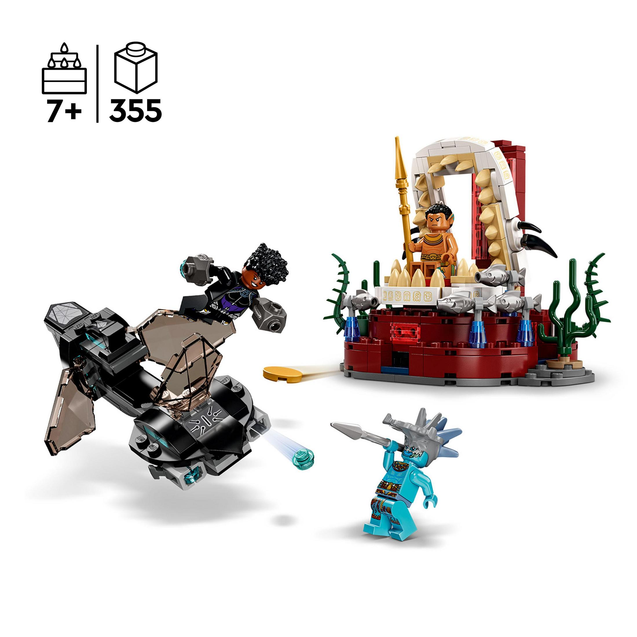 Set Lego: Black Panther e figure. Include trono e veicolo. Sfondo bianco.