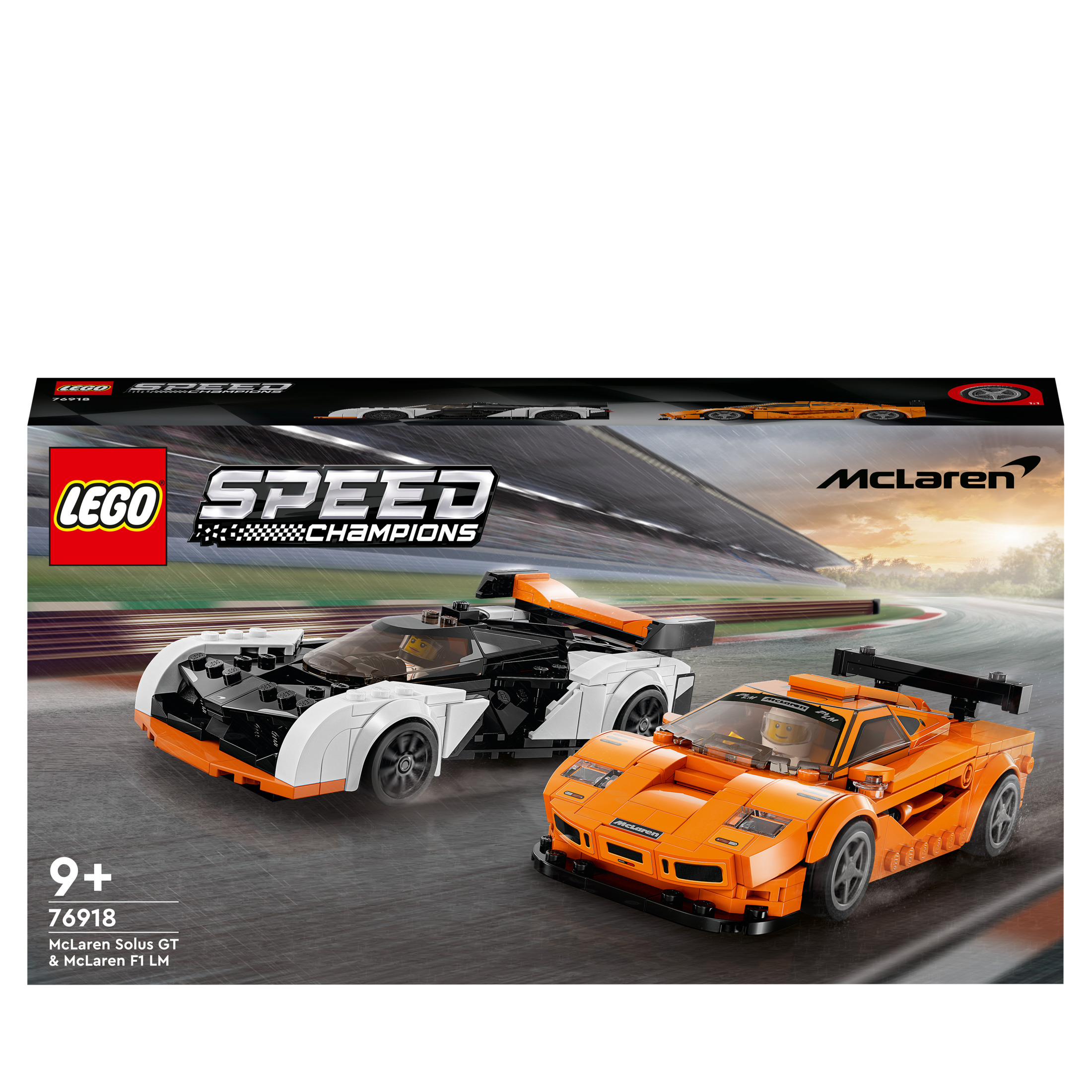 LEGO Speed Champions Set mit zwei Rennwagen, auf der Rennstrecke.