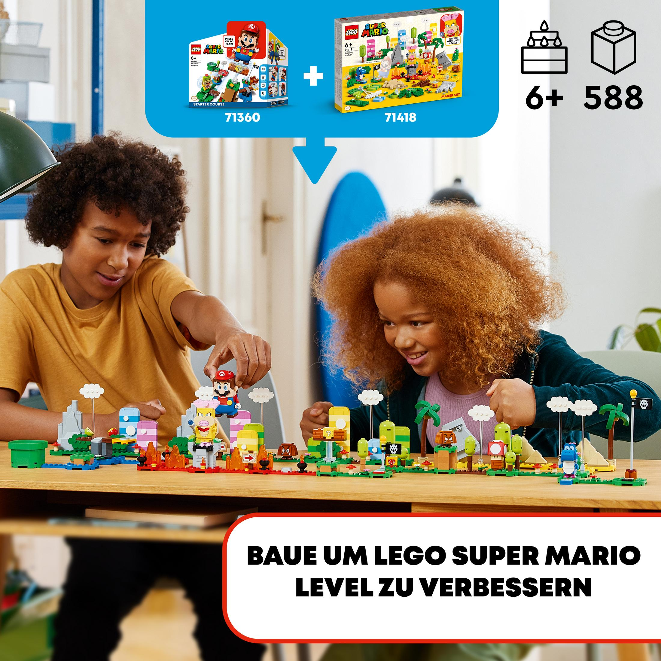 Twee kinderen spelen met LEGO Super Mario sets. Eén toont de doos met Mario en zijn vrienden.