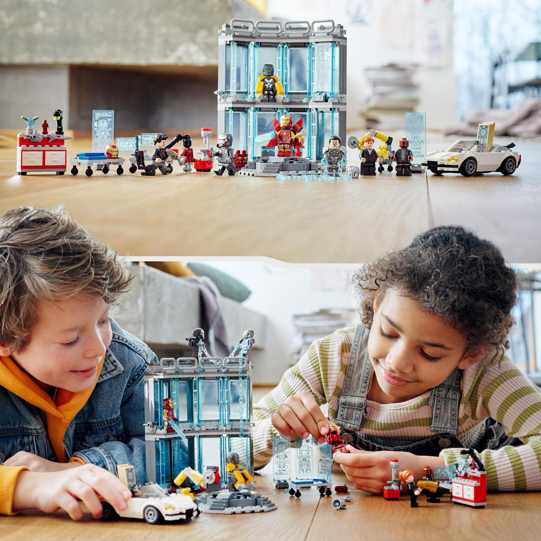 Dos fotos. Arriba: Set de Lego Iron Man. Abajo: Niños jugando con el set de Lego.
