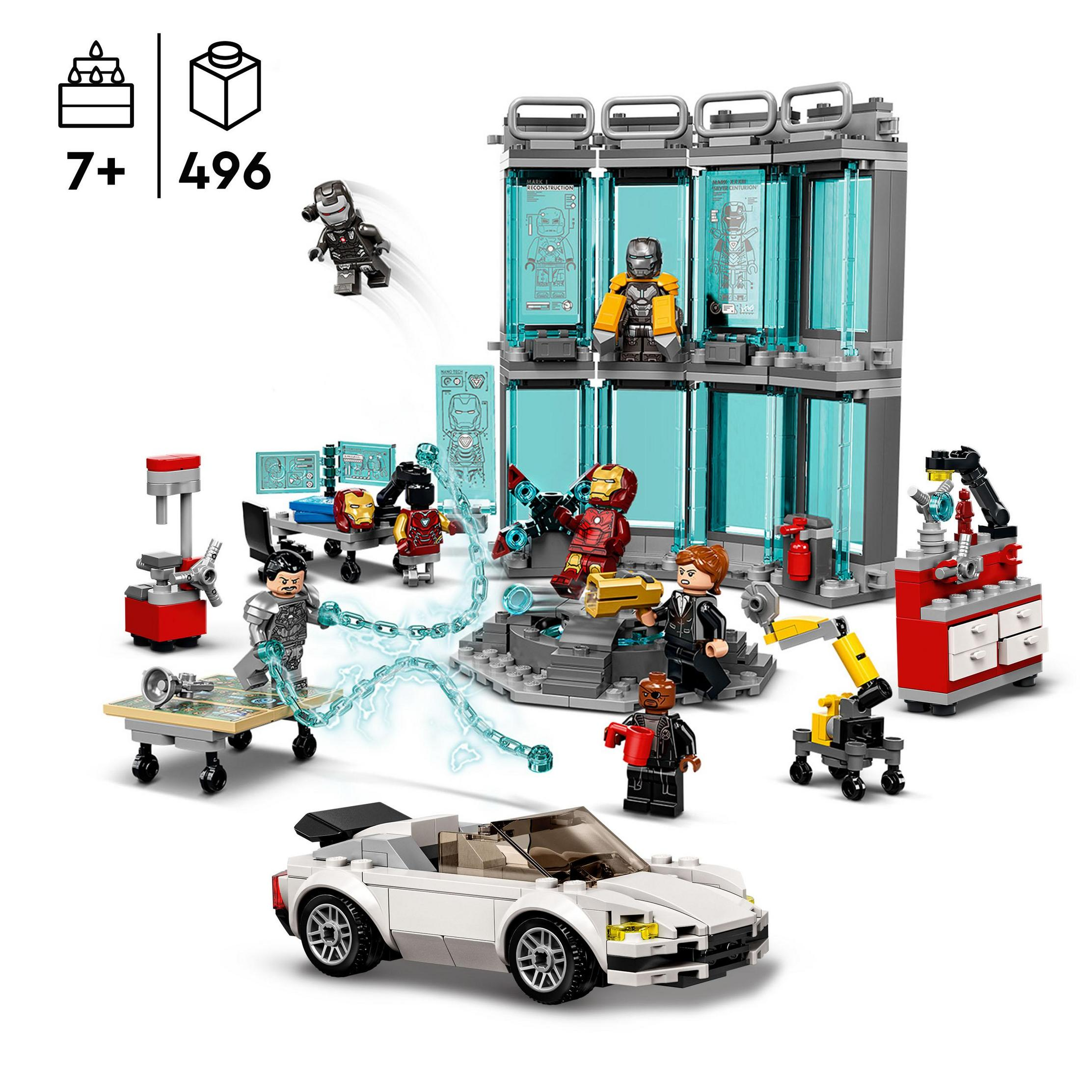 Set de Lego con figuras de Iron Man, un coche blanco y un laboratorio de varios niveles.