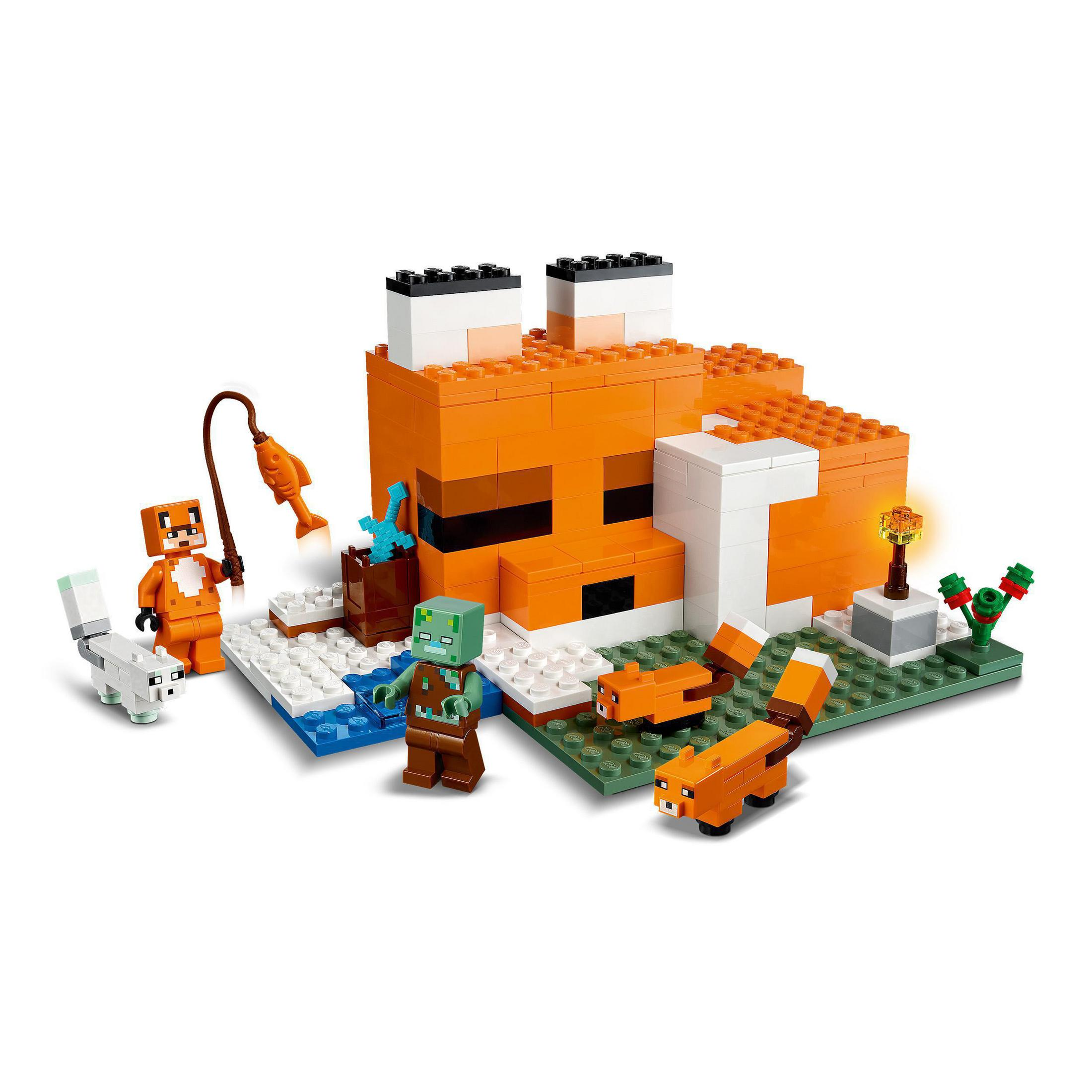 Un juego de Lego con personajes de Minecraft, incluyendo zorros y una estructura similar a una casa.