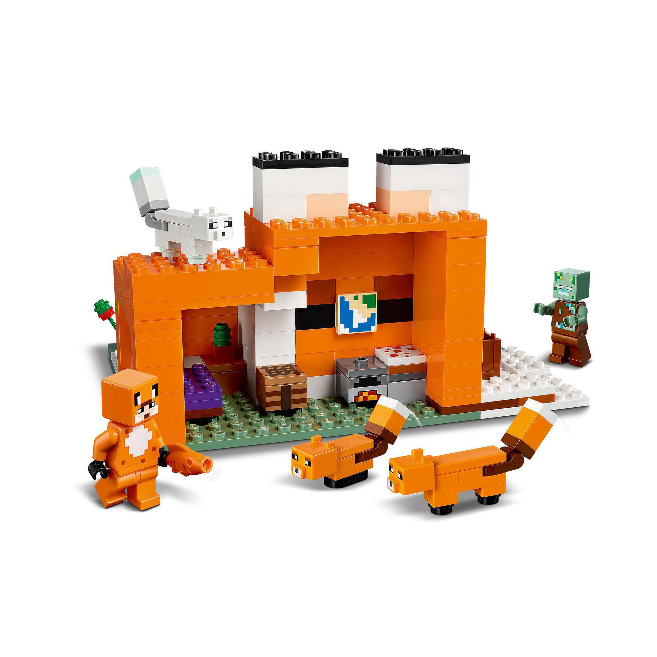 Escena Lego Minecraft con zorros, figuras y un edificio naranja.