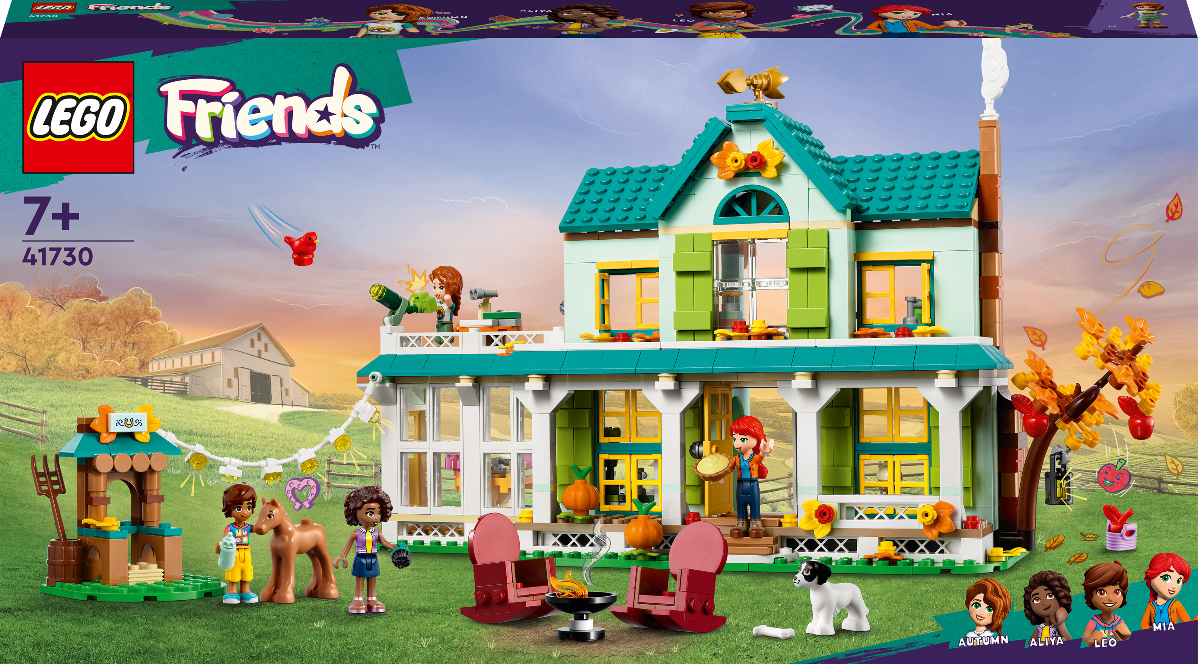 Pudełko zestawu Lego Friends z domem, figurkami i innymi akcesoriami.