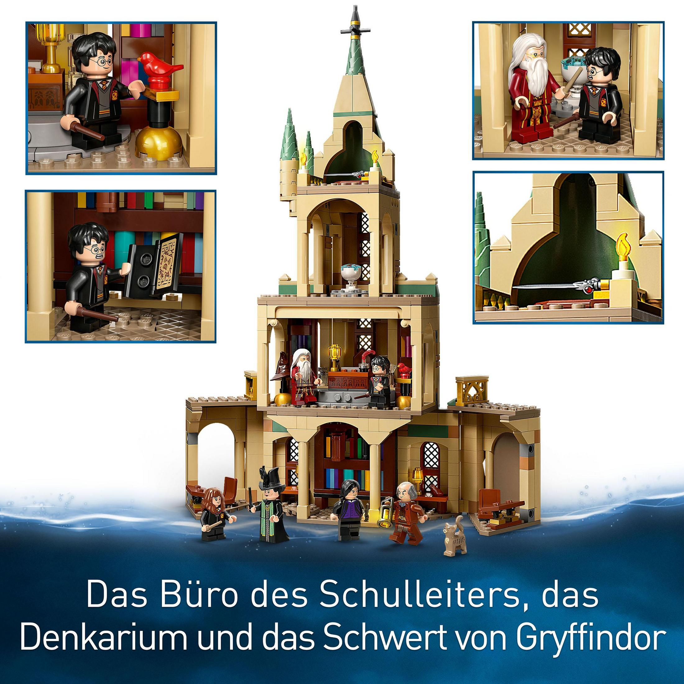 Lego Harry Potter Set: Hogwarts Schloss, verschiedene Figuren und Details, einschließlich Charaktere und Räume.