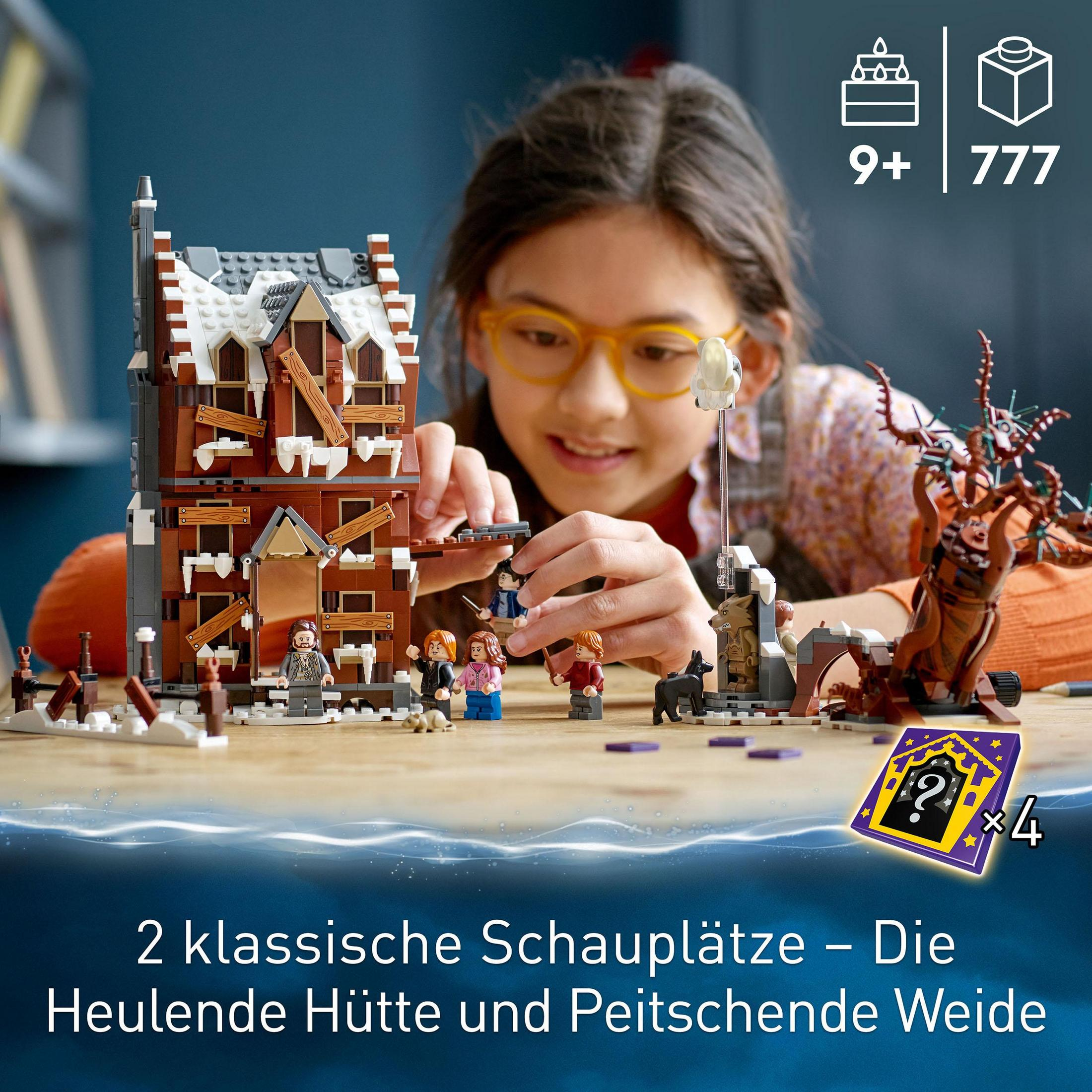 Zestaw LEGO z dziewczynką i tekstem '2 klassische Schauplätze - Die Heulende Hütte und Peitschende Weide'.