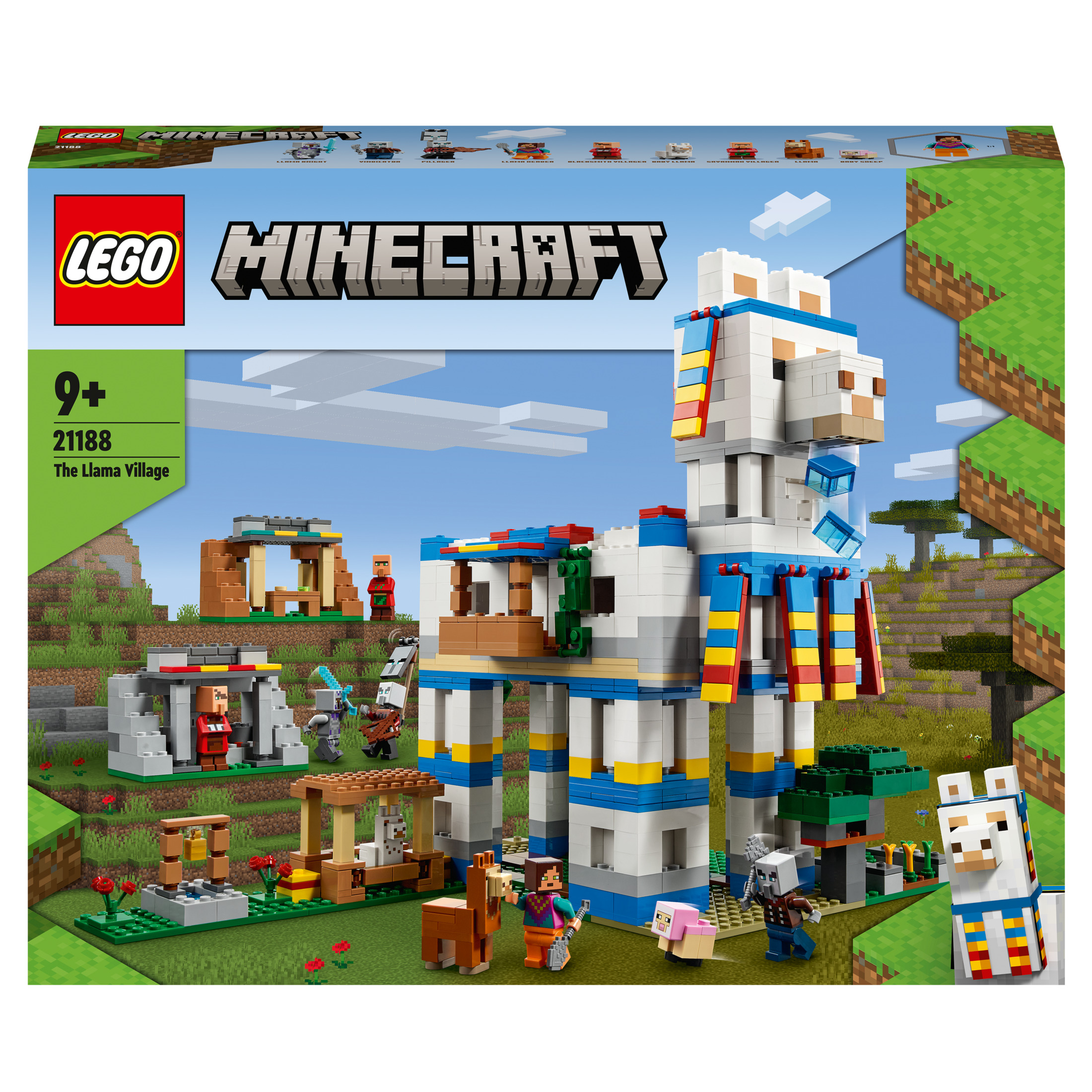 Lego Minecraft Set Box mit dem Llama Village und verschiedenen Minecraft-Charakteren.