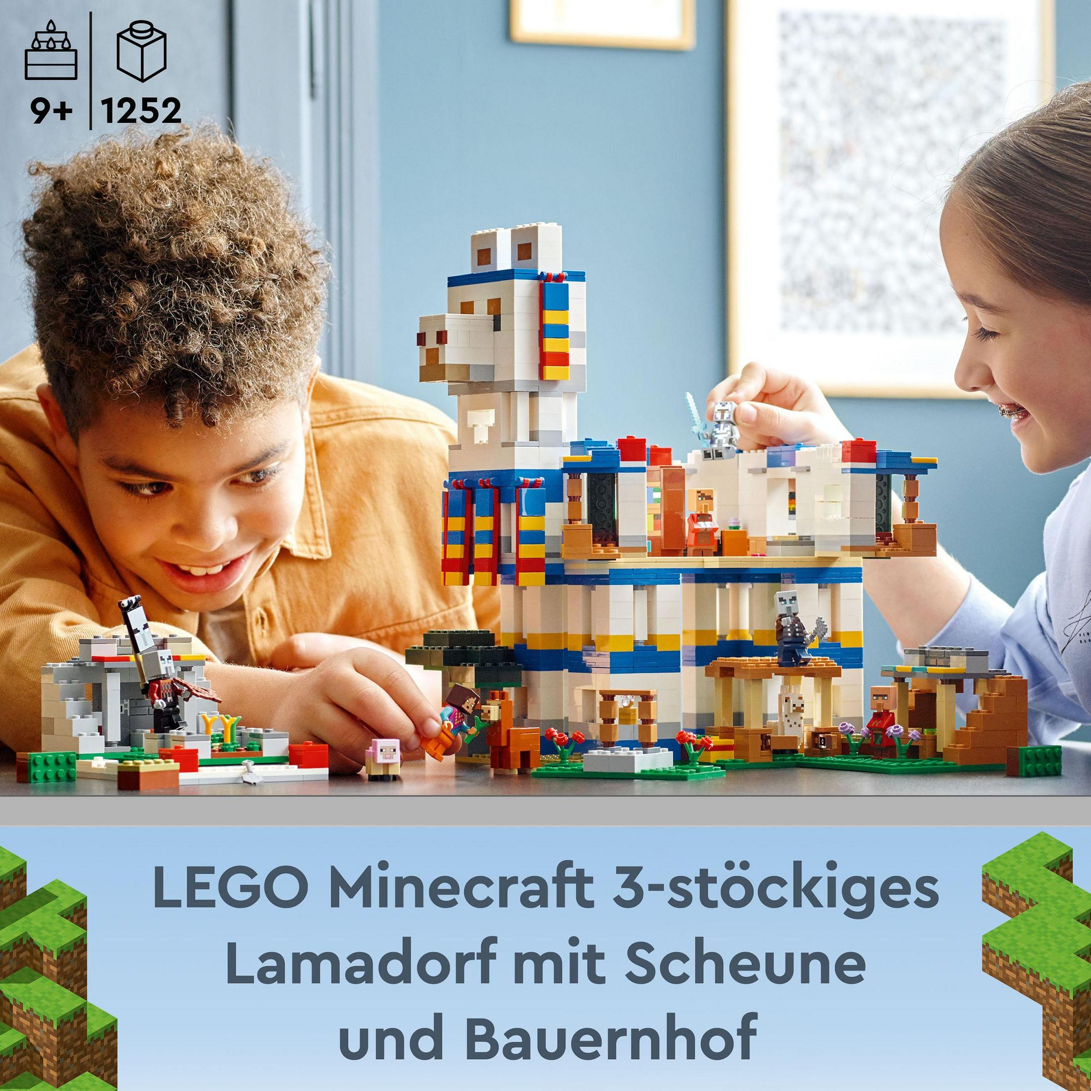 Kinder spielen mit einem Lego Minecraft Set, mit einem Lama und einer Scheune.