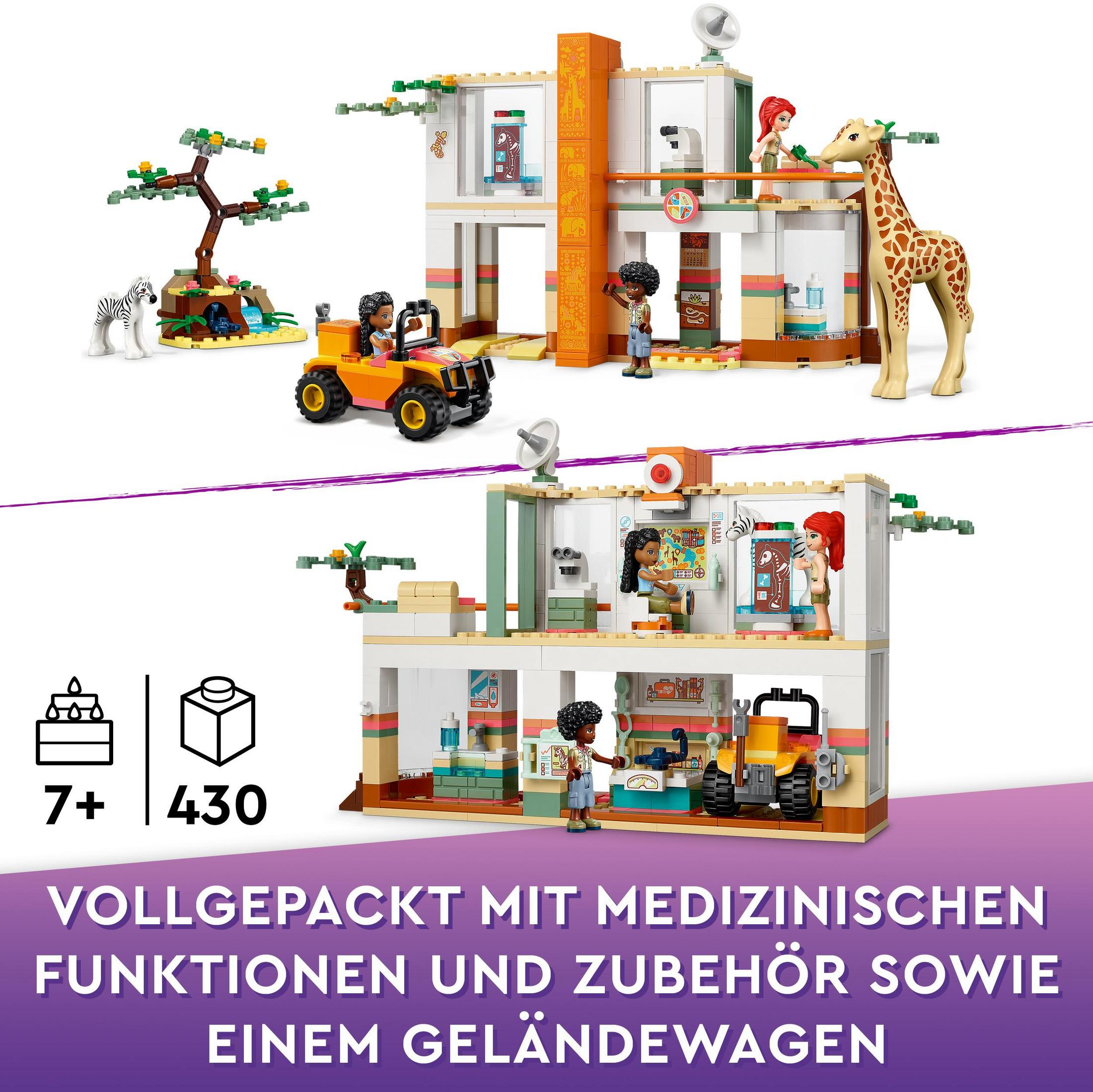 Ein Lego-Set mit Gebäude, Figuren, einer Giraffe, einem Zebra und einem 4x4-Fahrzeug.