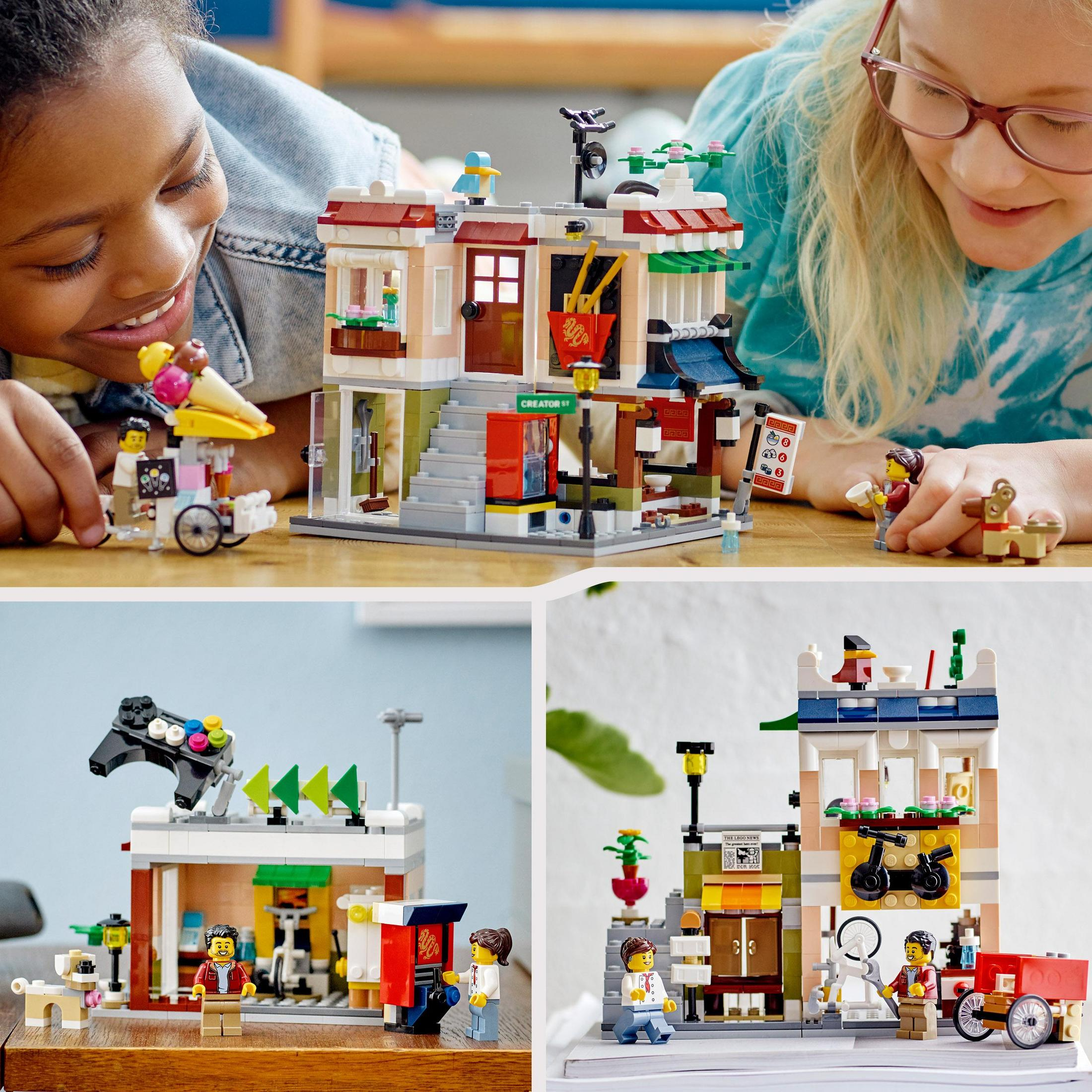 Vier Fotos mit Lego-Szenen. Mit Lego-Gebäuden und Figuren, mit zwei spielenden Kindern.