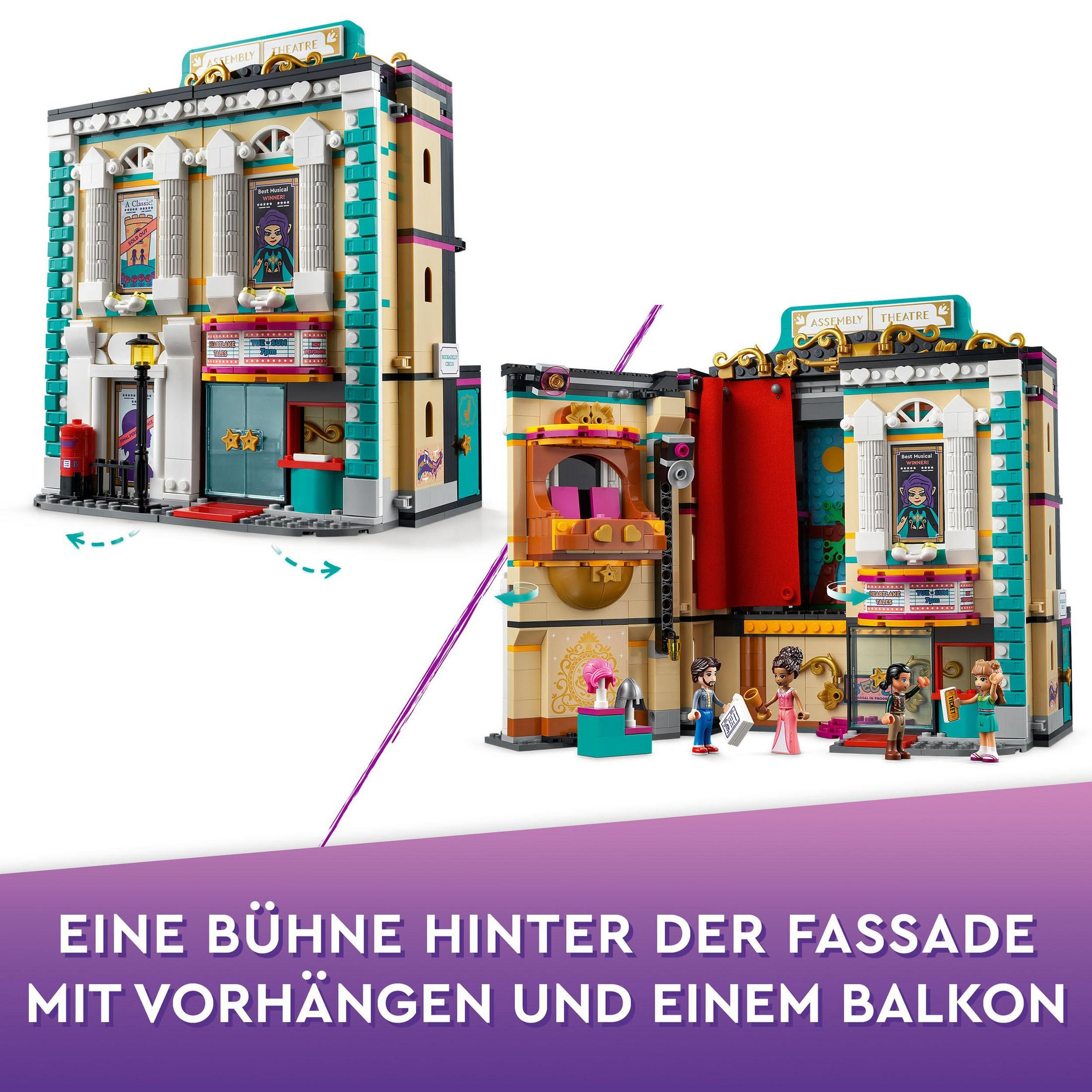 Lego-Set mit zwei Gebäuden mit einer Bühne rechts. Zwei Gebäude werden gezeigt.