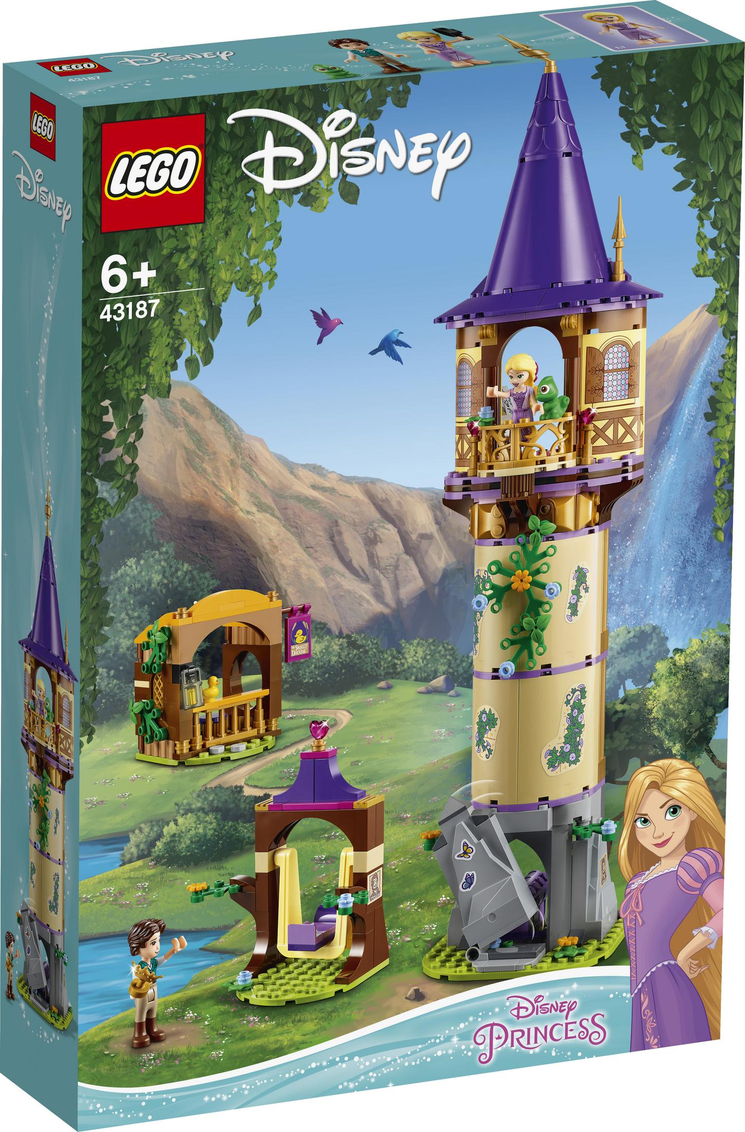 Eine Lego-Box mit einem Disney Princess Rapunzel-Turm und den Figuren auf der Box.
