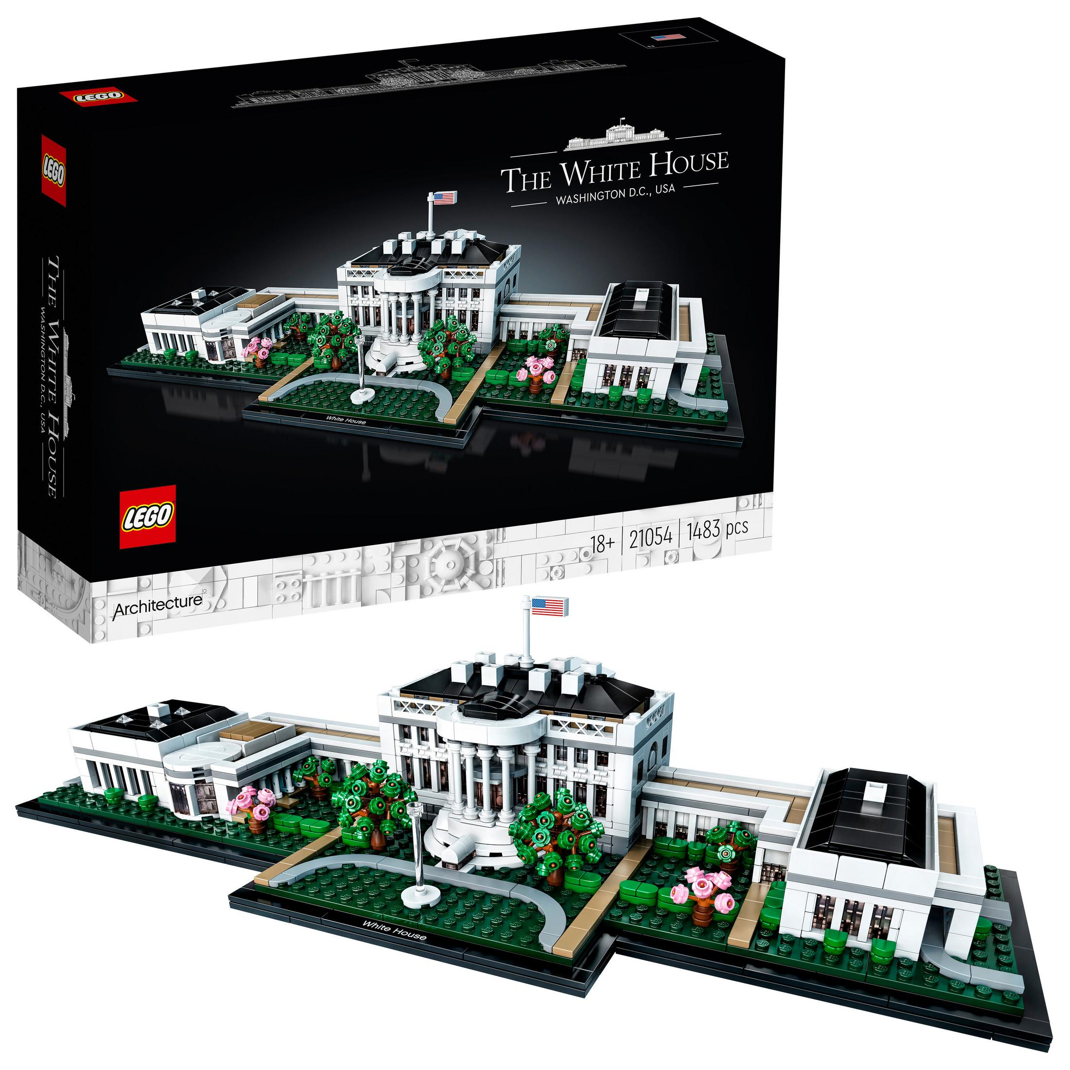 Model Lego Białego Domu i pudełko. Model jest biały. Pudełko jest czarne.