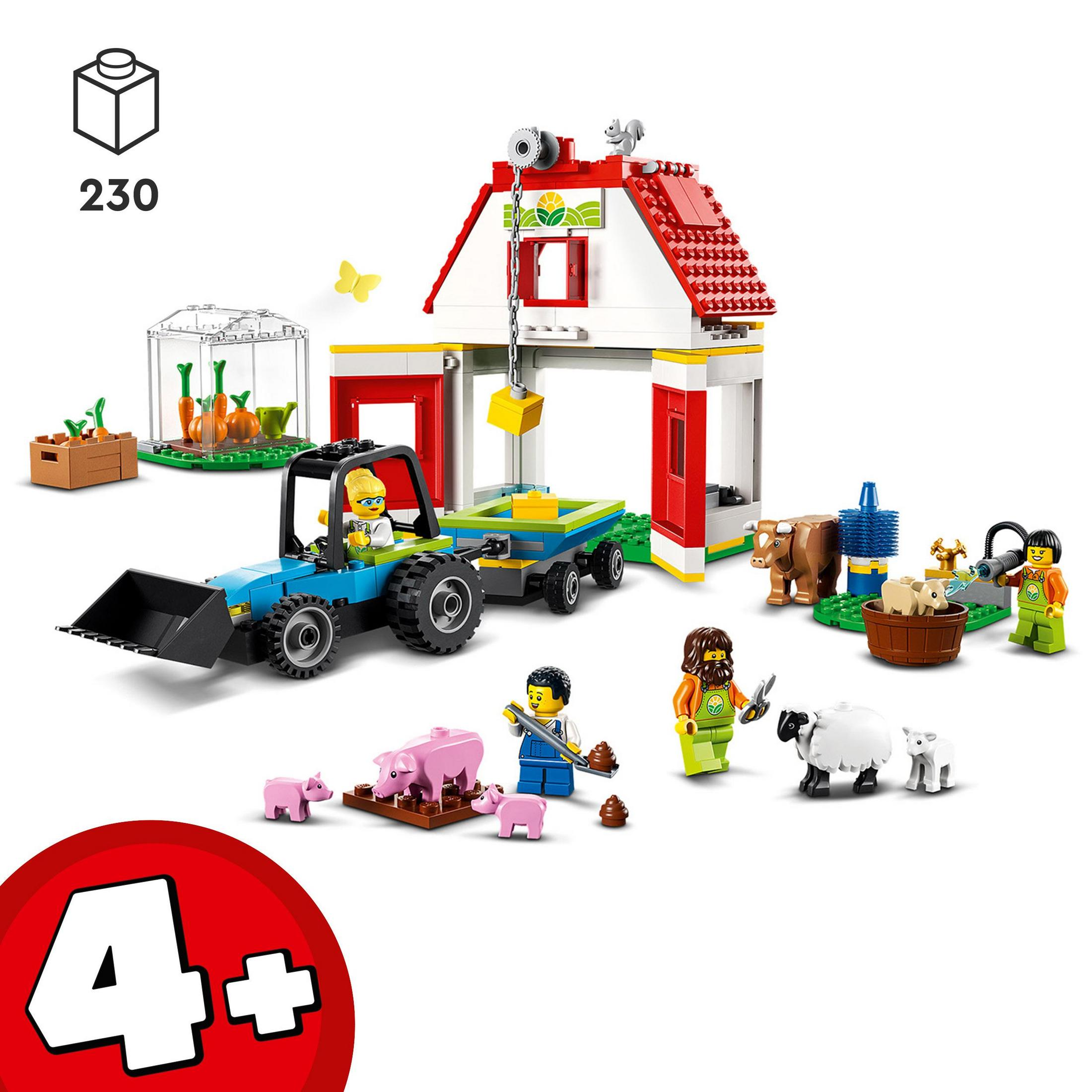Lego-Bauernhof-Set mit Scheune, Traktor und Nutztieren. Enthält einen Bauern, Schweine, eine Kuh und ein Schaf.