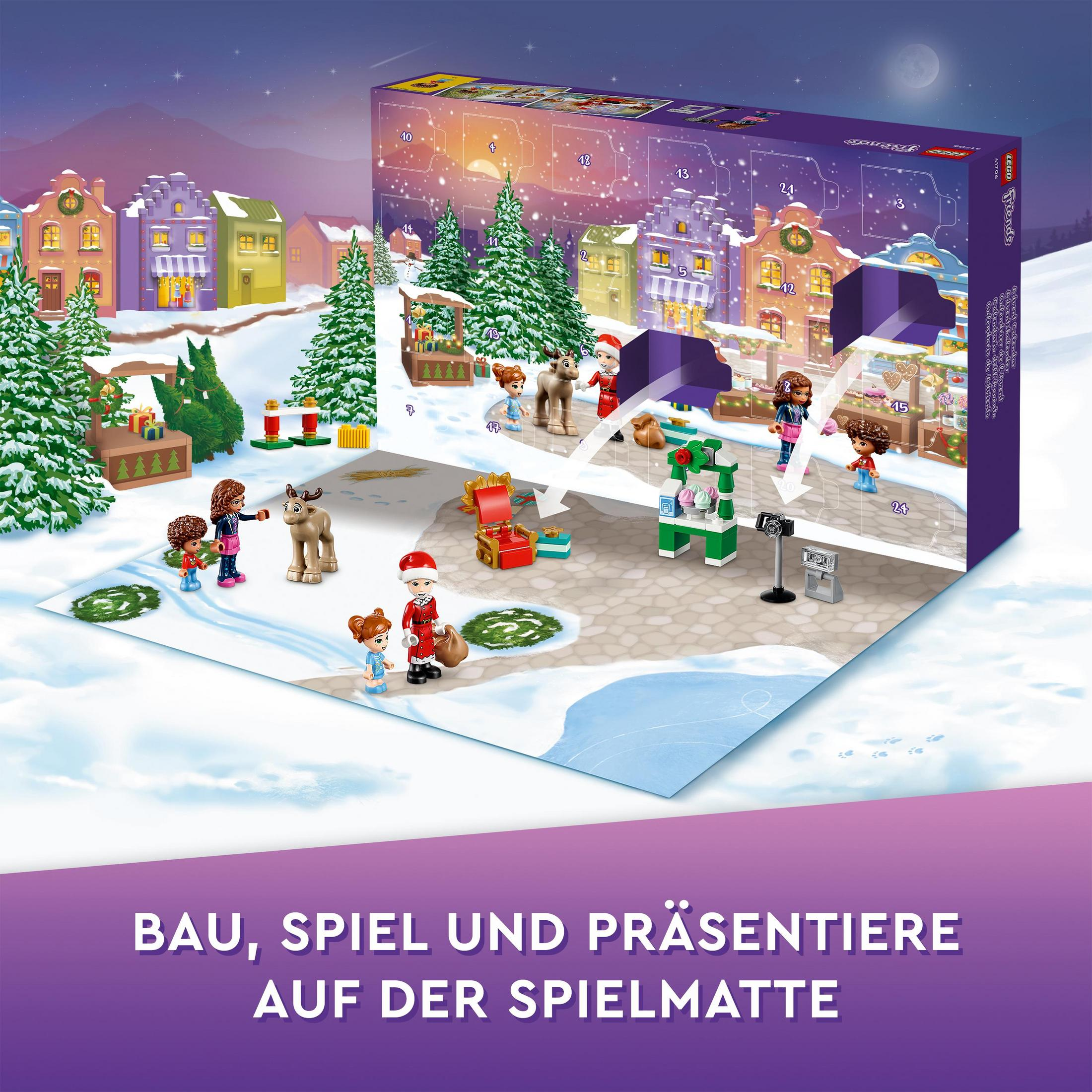 LEGO Friends Adventskalender-Szene mit einem Winterdorf, Figuren und einem Weihnachtsbaum.