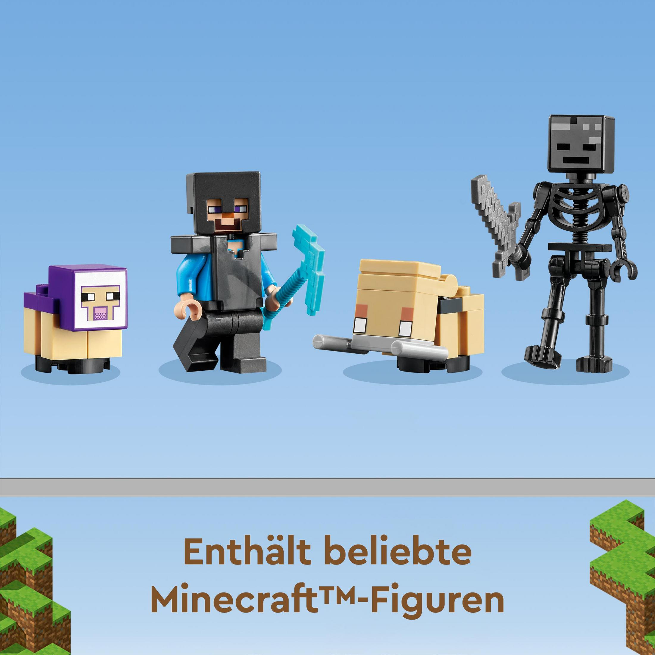 Minecraft-Figuren: Steve, Skelett, Schaf und Zombie, auf blauem Hintergrund.