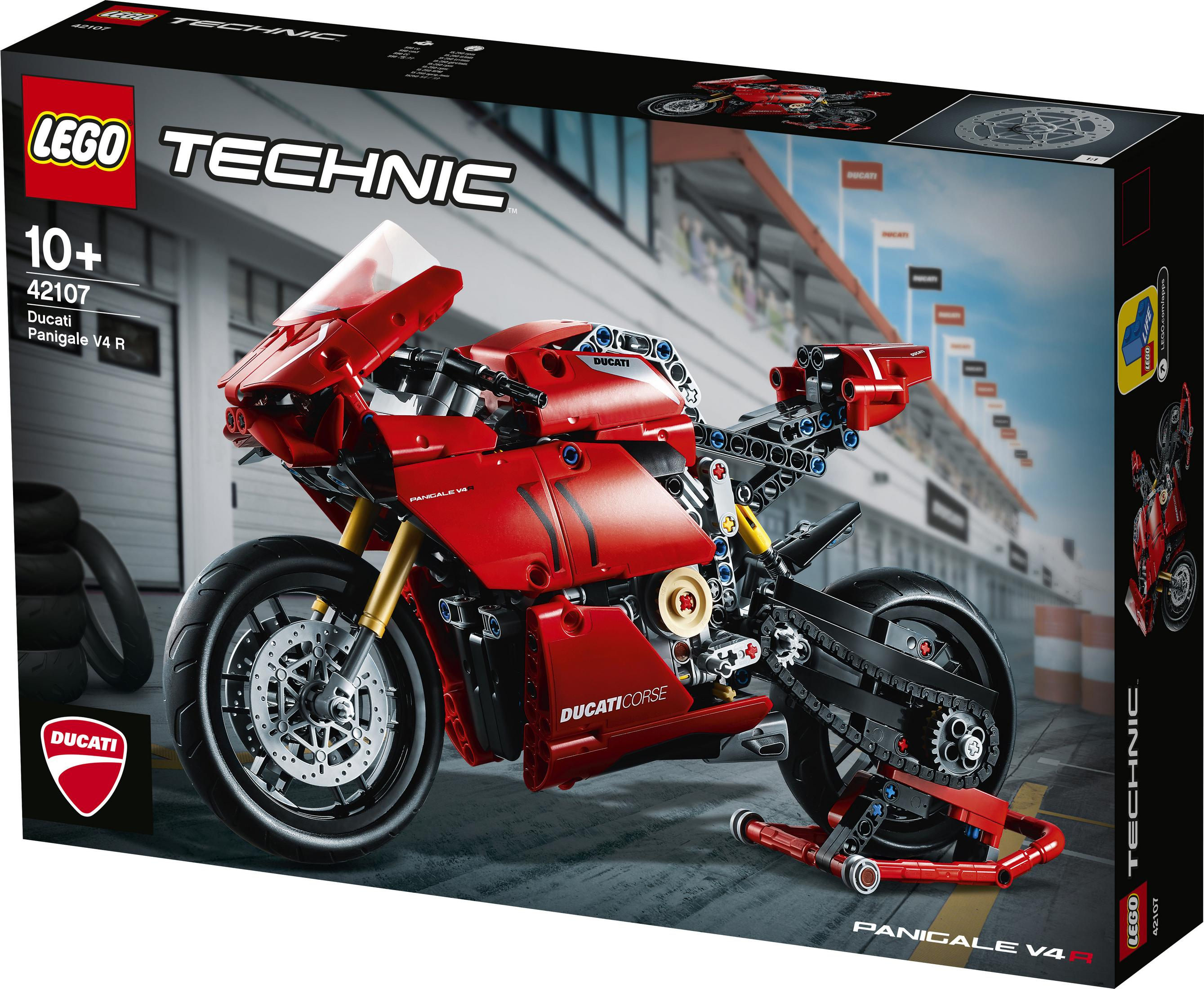 Pudełko zestawu Lego Technic Ducati Panigale V4 R. Widoczny czerwony motocykl.