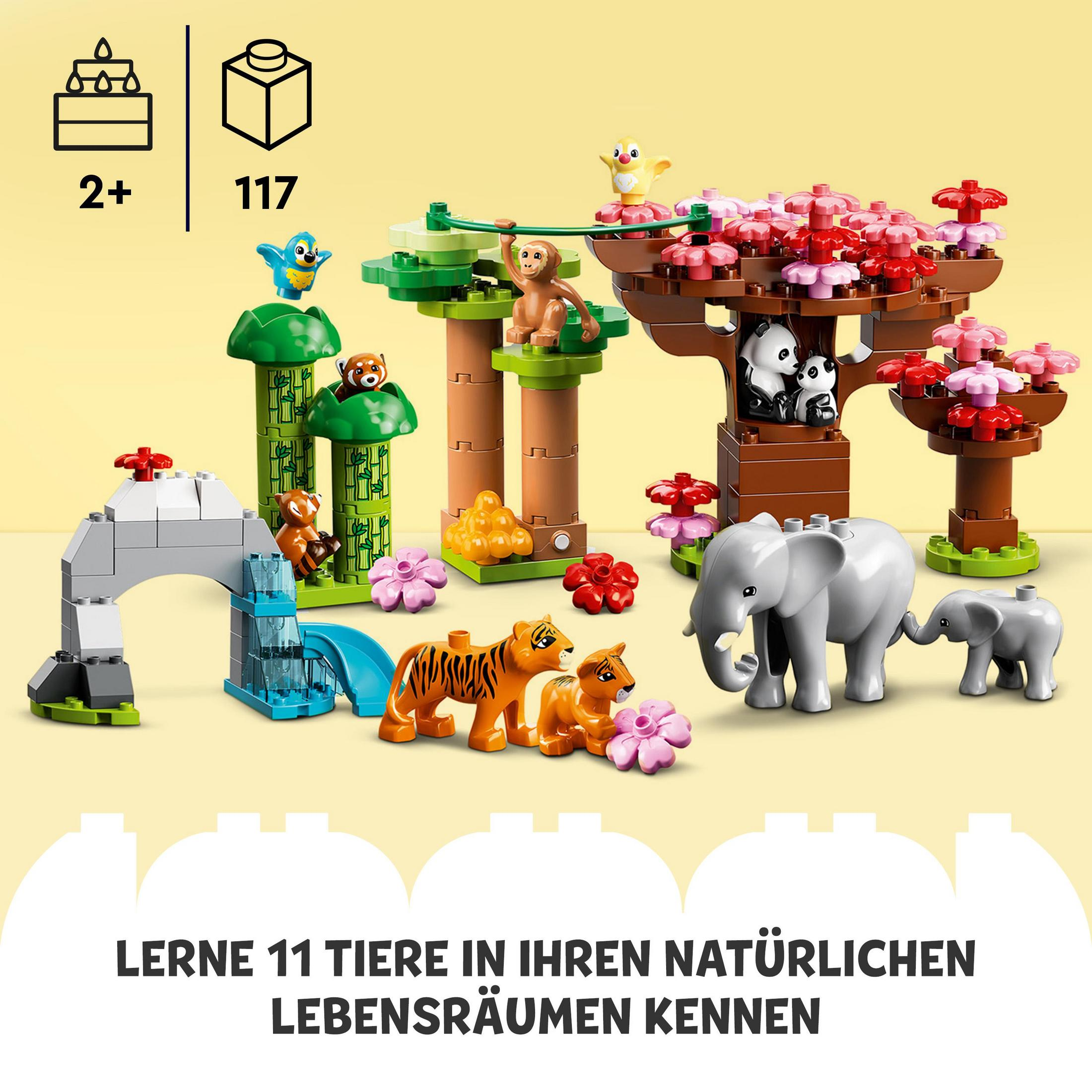 Set de Lego con varias figuras de animales y árboles. Incluye elefante, tigre y panda.