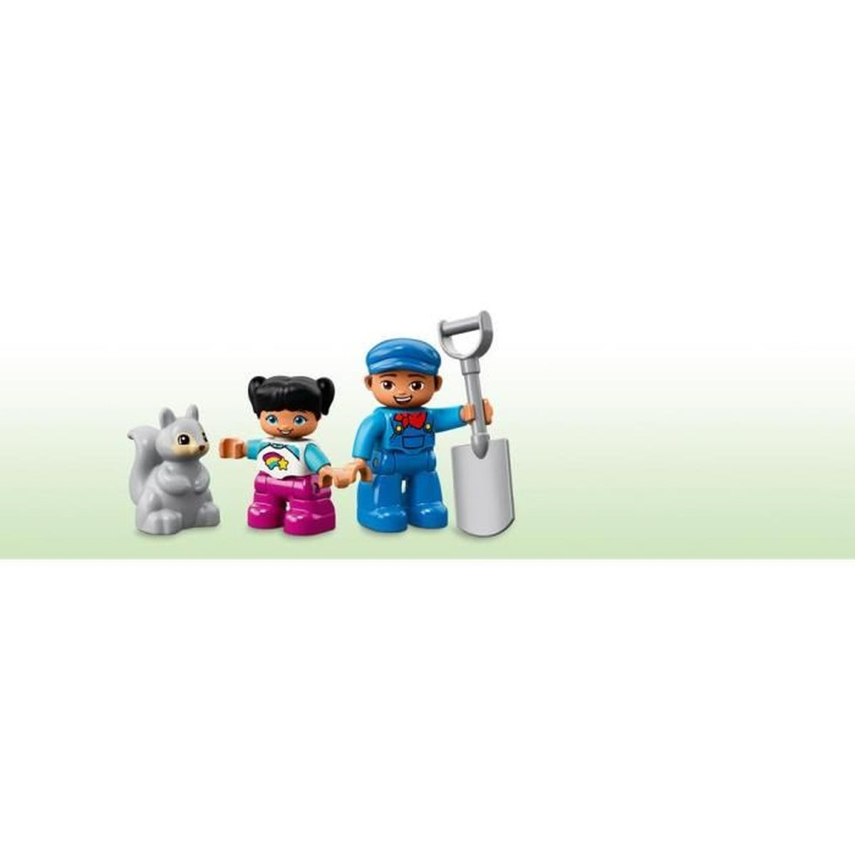 Set LEGO Duplo con uno scoiattolo, una bambina e un uomo con una pala.