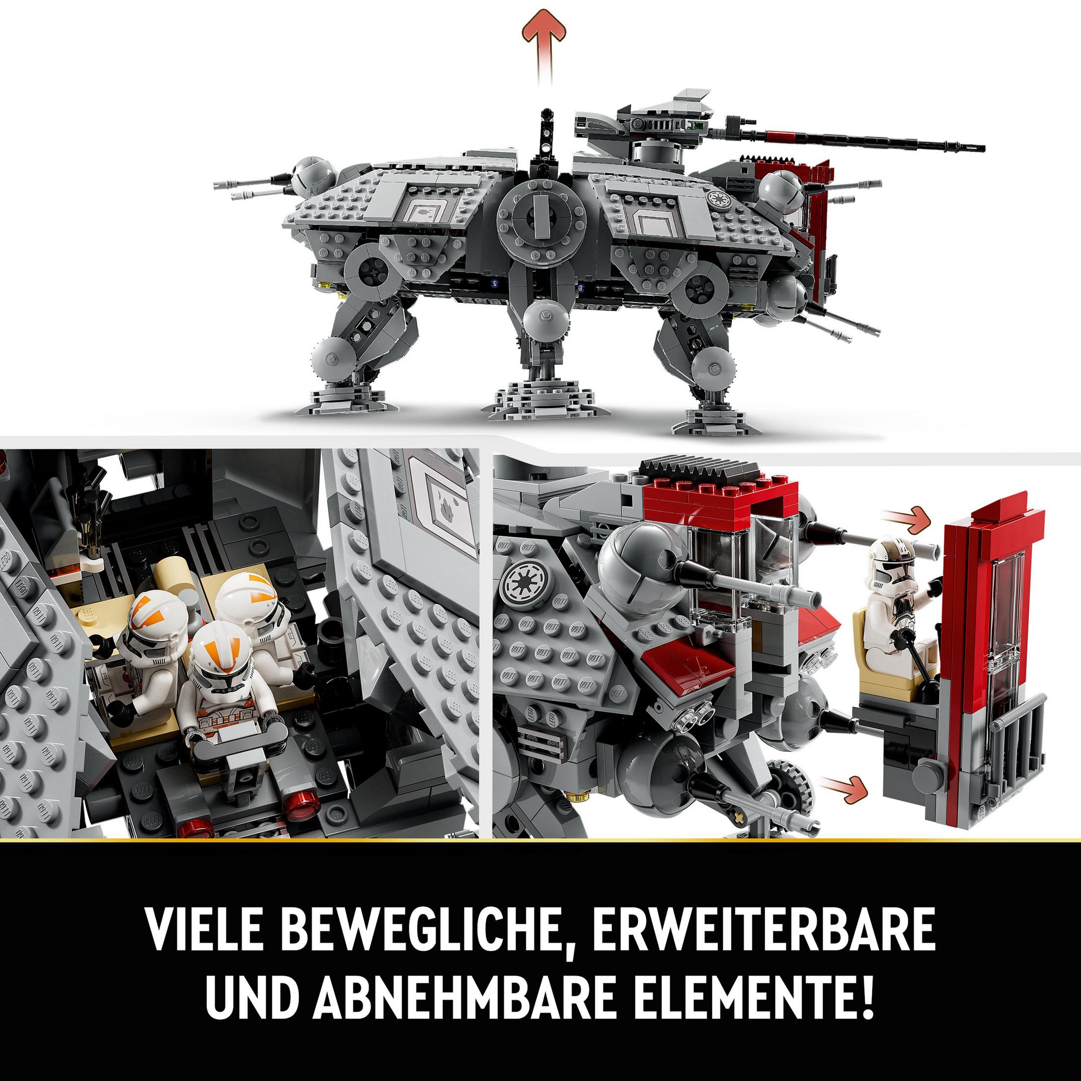 Zestaw Lego z AT-TE walkerem i minifigurkami. Pokazuje sceny akcji.
