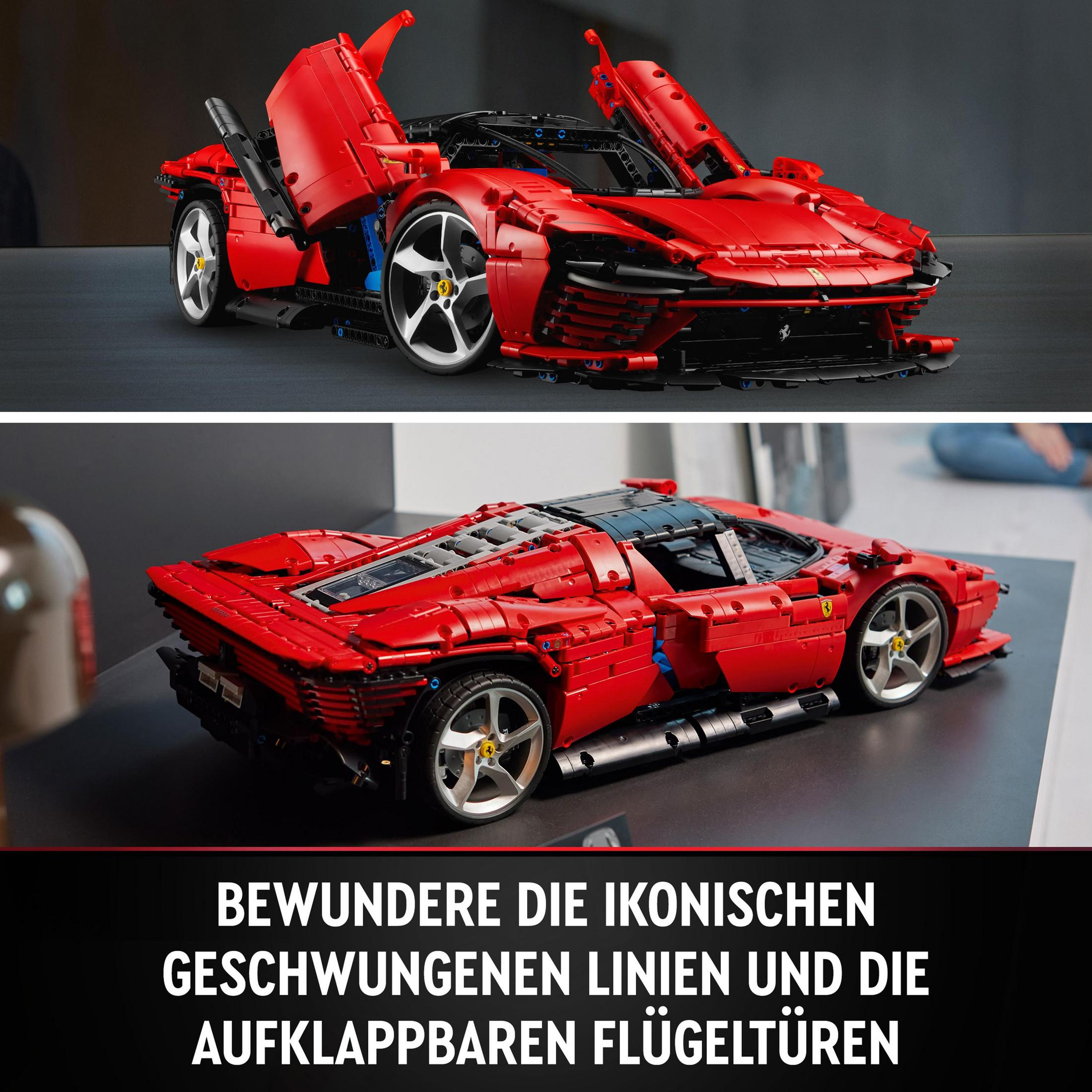 Czerwony model Ferrari Lego. Widok z góry: otwarte drzwi. Widok z dołu: zamknięte drzwi.