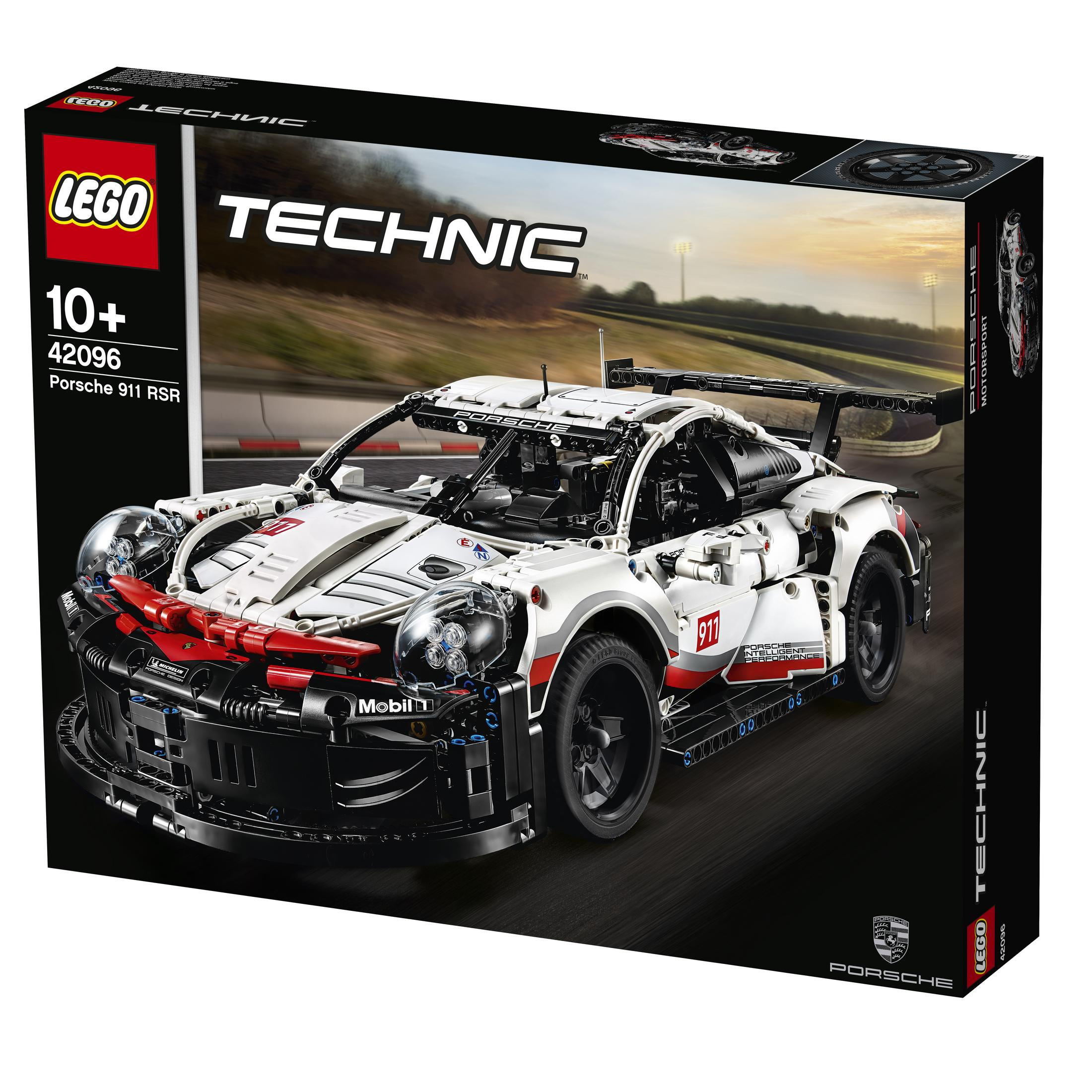 Lego Technic Porsche 911 RSR model samochodu w pudełku, biały i czerwony.