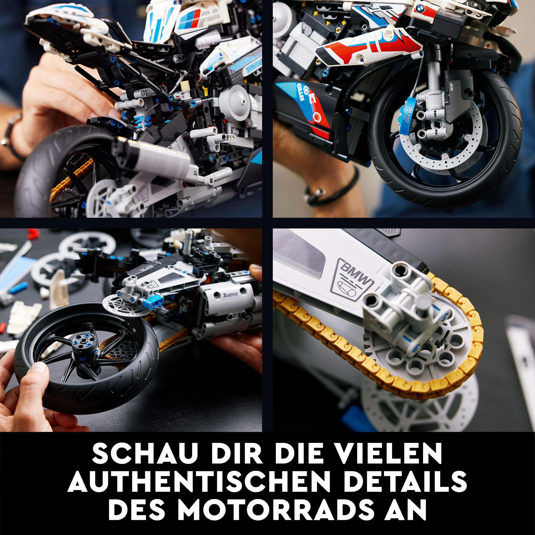 Kolaż zdjęć motocykla Lego Technic BMW, pokazujący szczegóły takie jak koła i silnik.