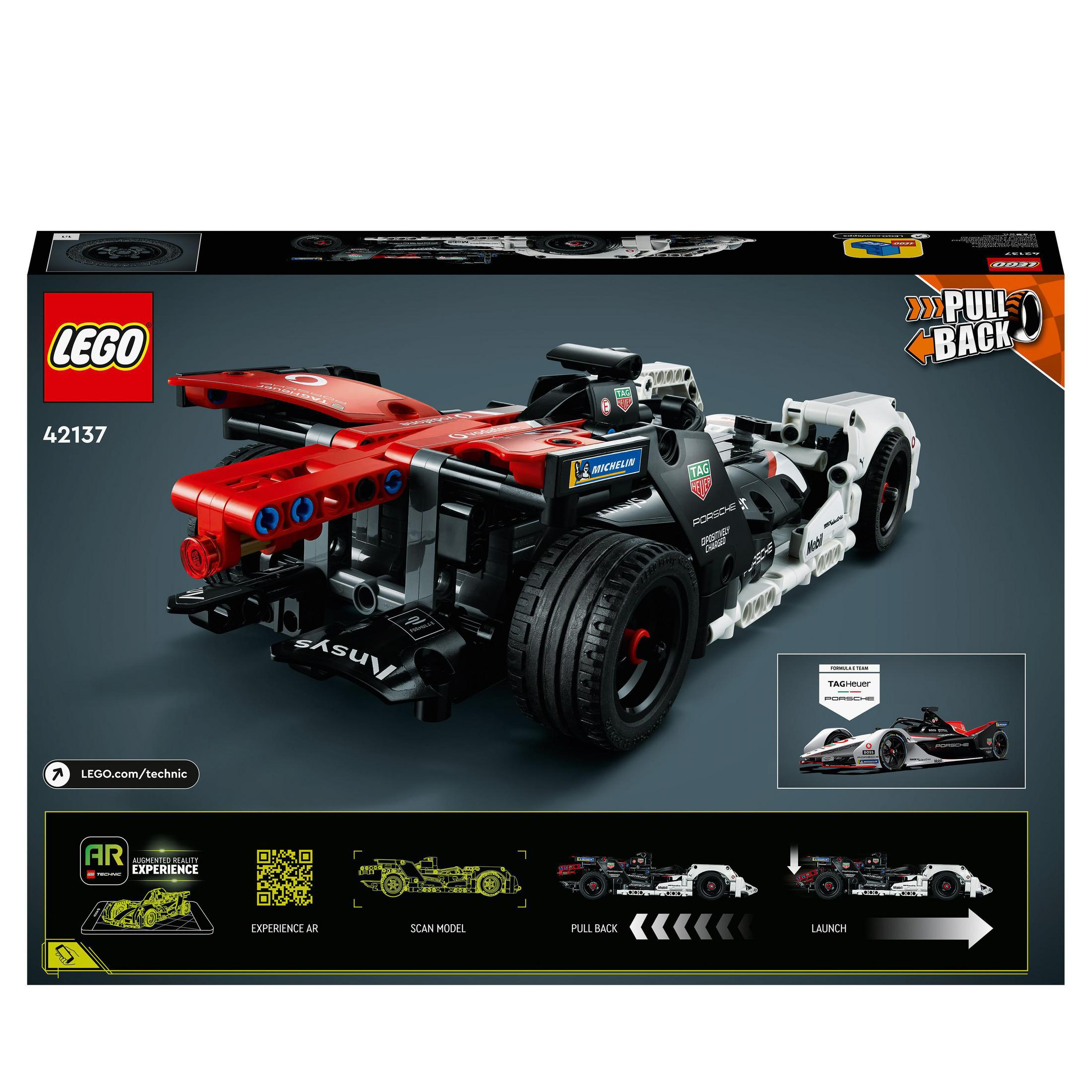 Lego Technic Rennwagen-Box. Das Auto ist schwarz und rot. Auf der Rückseite der Box sind das Automodell und Anweisungen abgebildet.